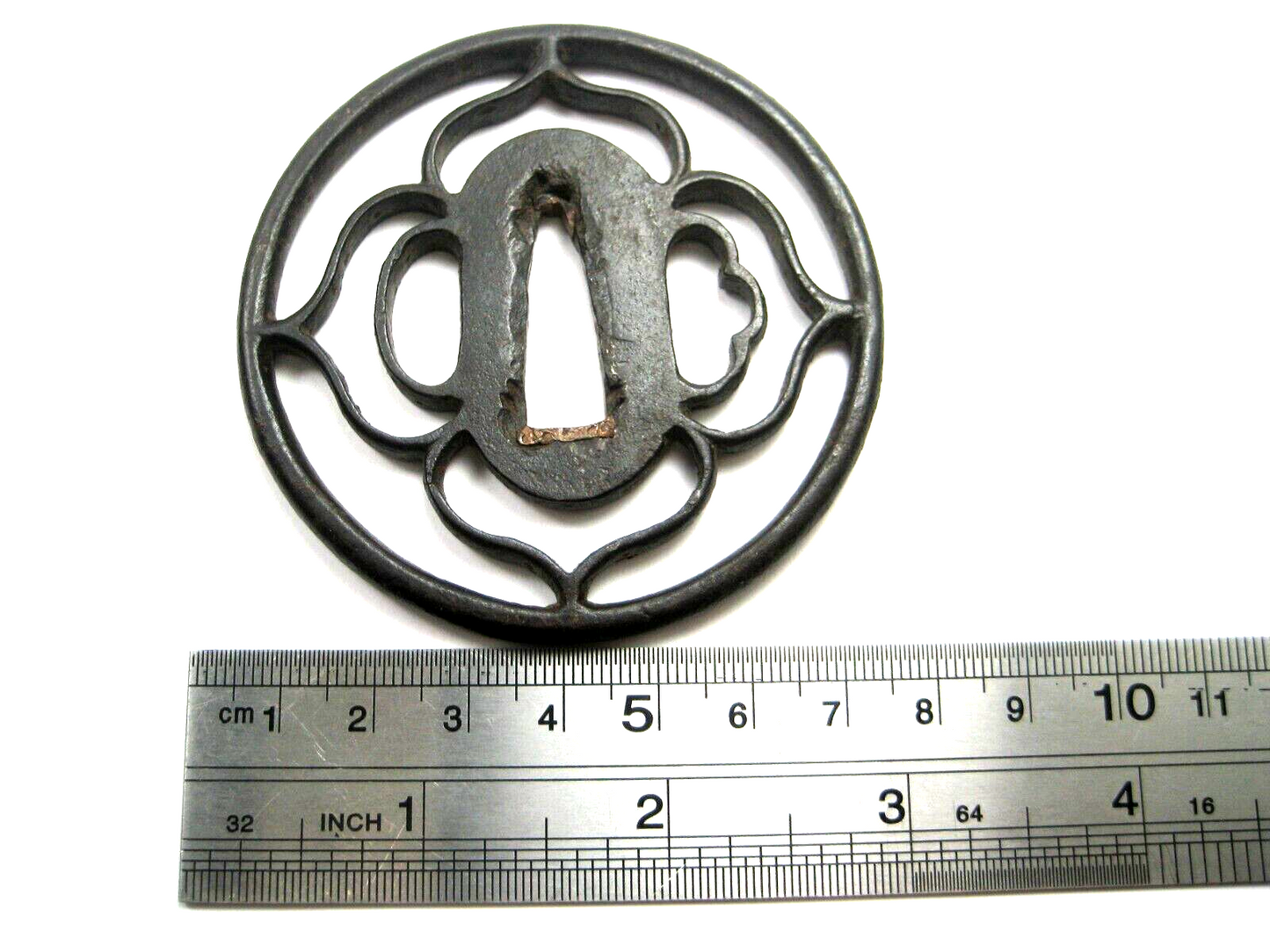 Antique Japanese Samurai Iron Tsuba Sword Hilt Etched Peach Blossom Design