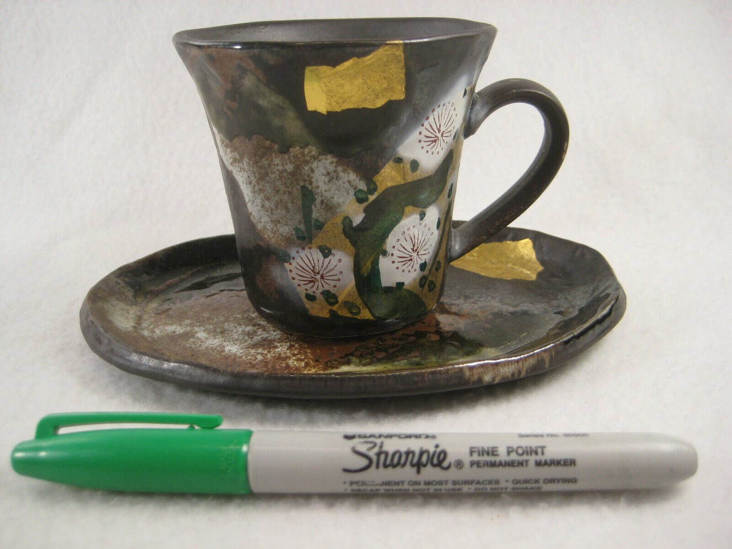 Vintage Japanese Hand Painted Kutani Teacup & Saucer Gold Leaf & Plum Blossoms