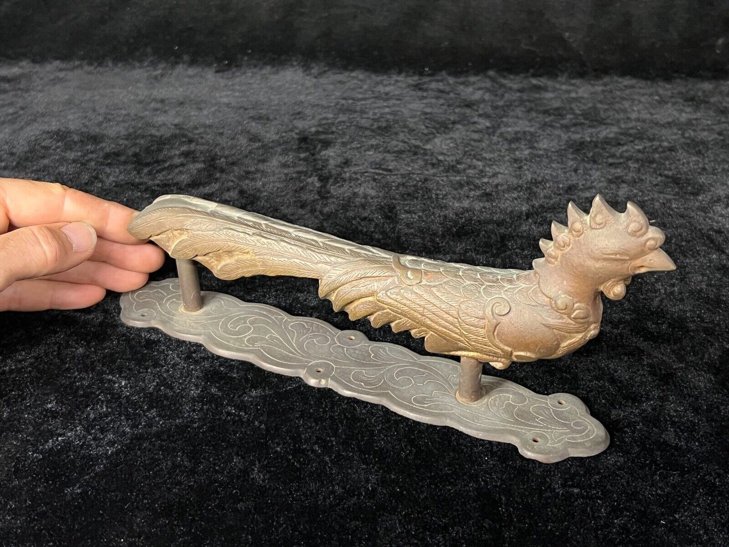 Antique Japanese Bronze Door Handle Phoenix Hou-Ou Peace & Mercy 10"