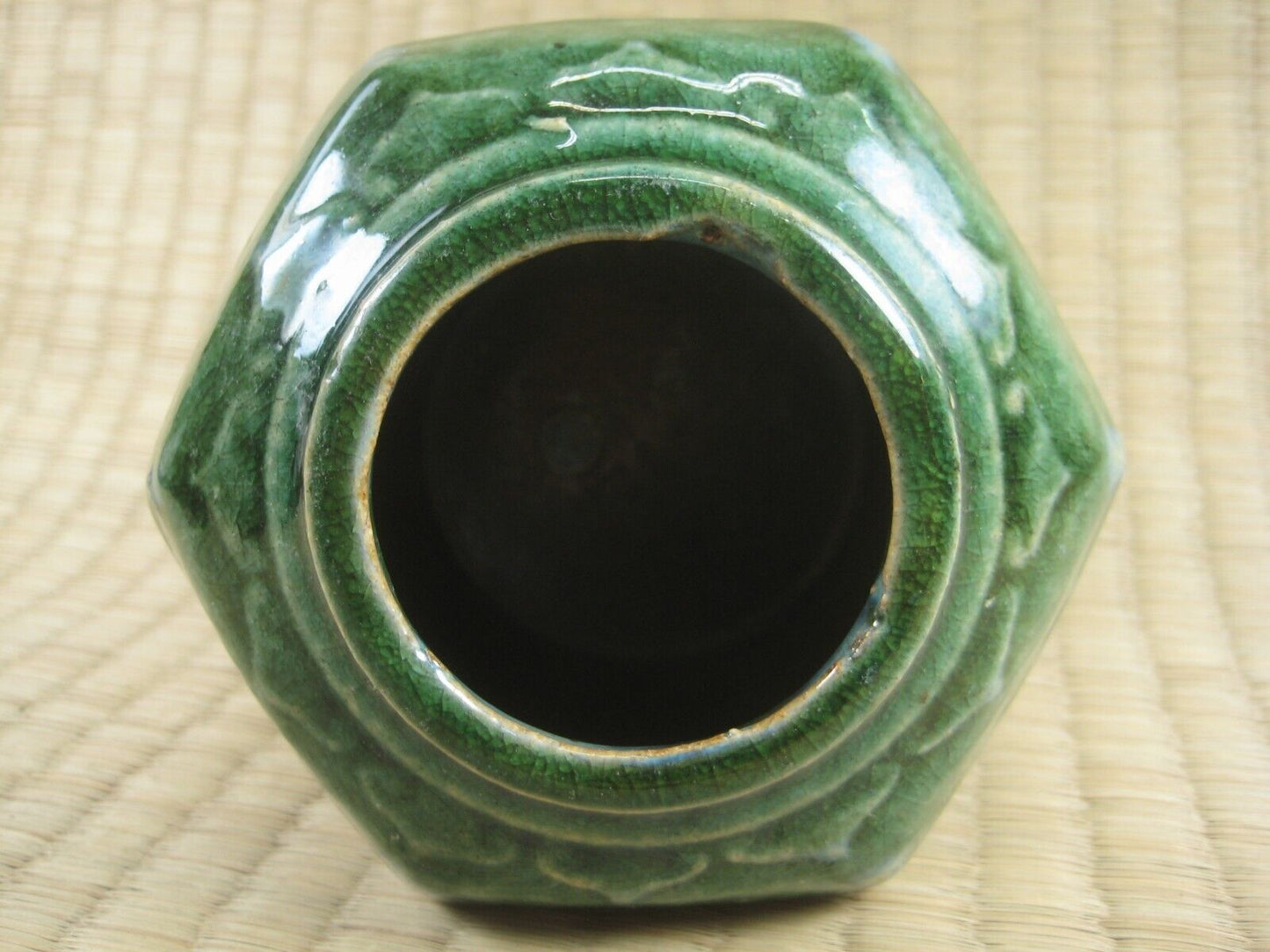 Vintage Chinese mid 20th Century Hexagonal Jar w/ Flowers Green Crackle Glaze Vase 4"