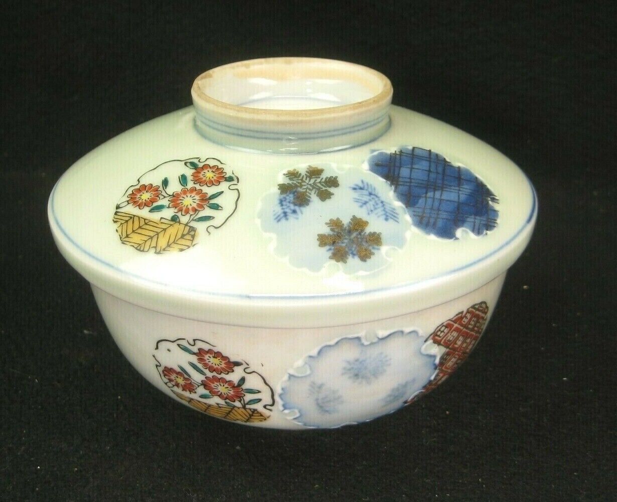 Antique Japanese Meiji Era Kutani Imari Ceramic Chawan Lidded Bowl