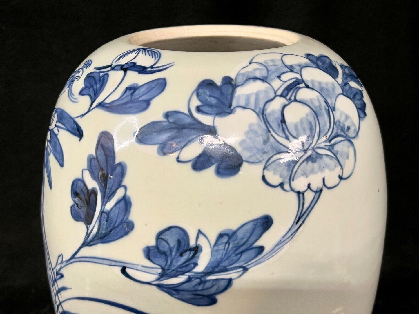 Antique Chinese Qing 19Th Century Blue & White Jar Hand Painted Phoenix 18"