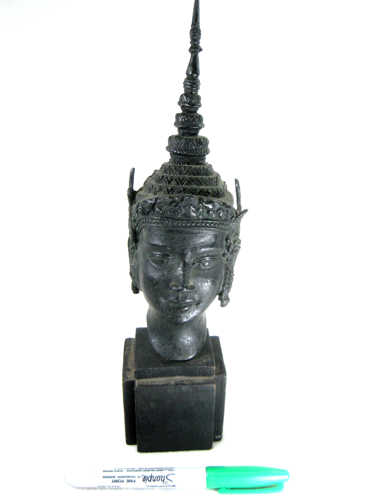 Vintage Thai Bronze Small Cast Buddah Head Smiling W/ Tall Crown & Flowers