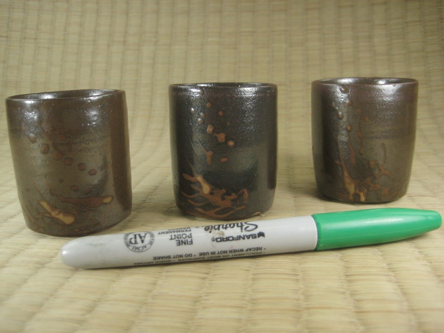 Japanese Hand Painted Set Of 3 Tall Sake Cups Tan & Brown 2"