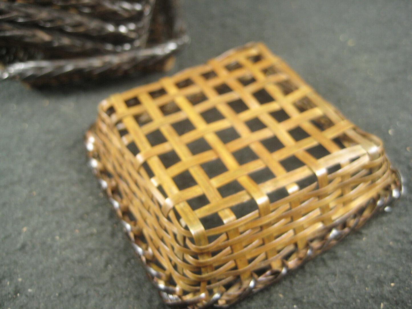 Vintage Set Of 6 Japanese Tiny Woven Bronze Baskets 2.5" X 2.5"