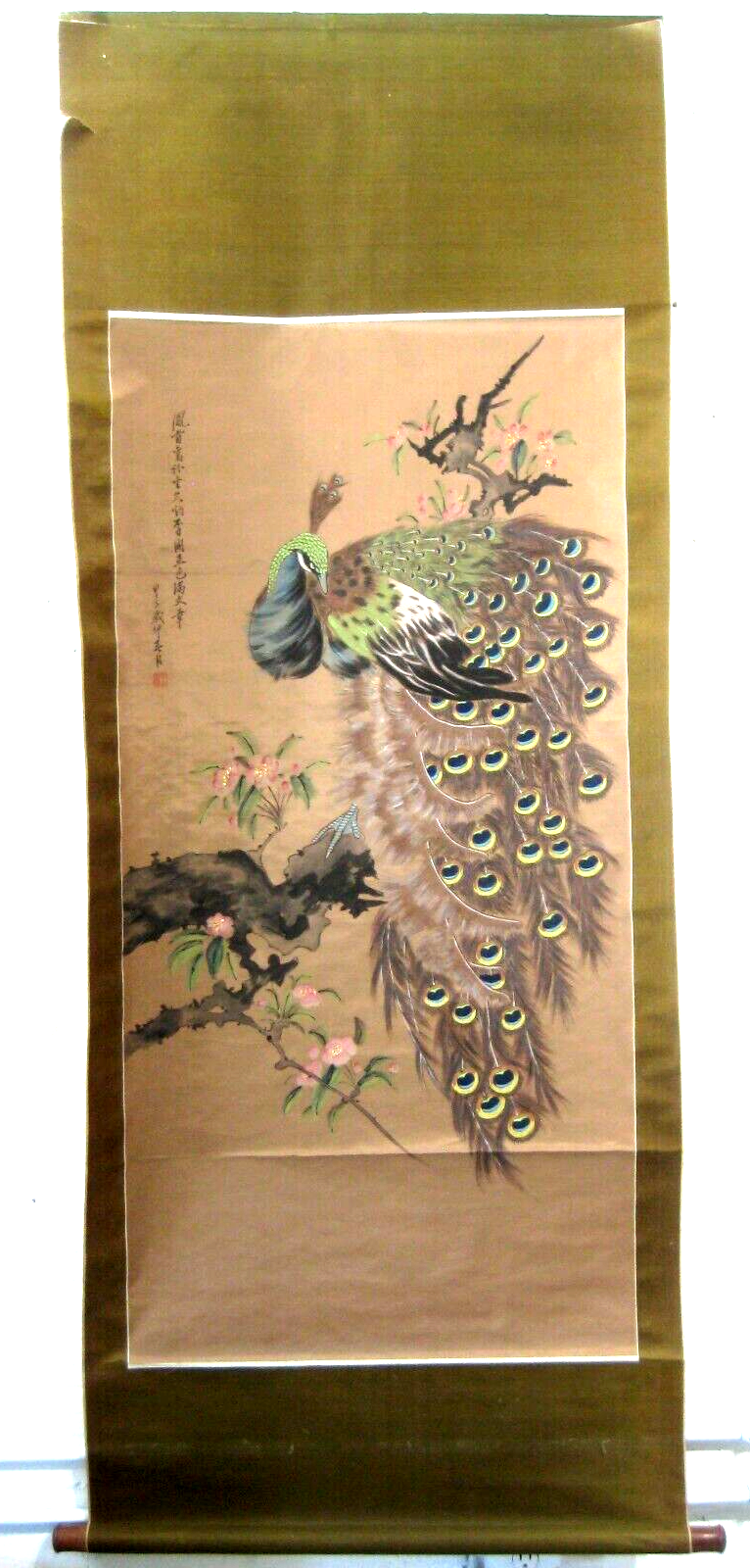 Vintage Japanese Scroll Peacock In Vivid Green & Blue Bird Painting Sumi 31X80"