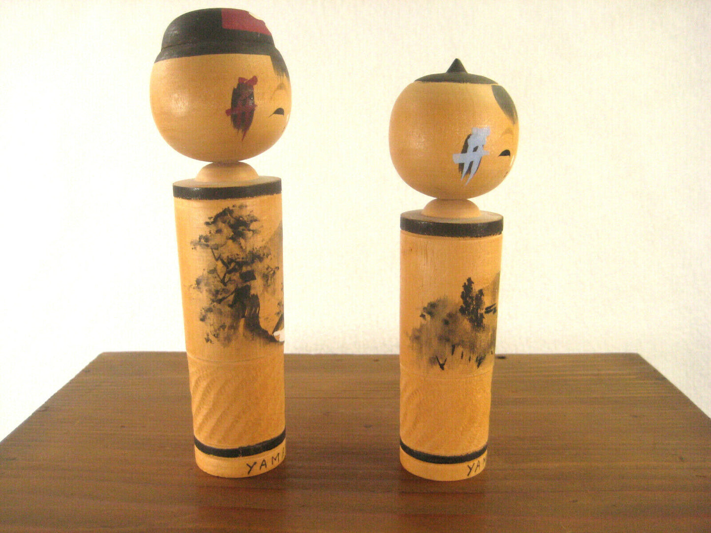 Vintage Japanese Kokeshi Pair Wooden Bobblhead Doll Hand Painted Trees 3"