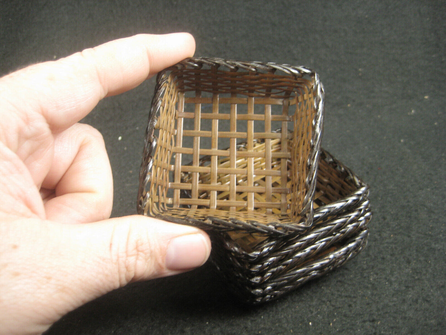 Vintage Set Of 6 Japanese Tiny Woven Bronze Baskets 2.5" X 2.5"