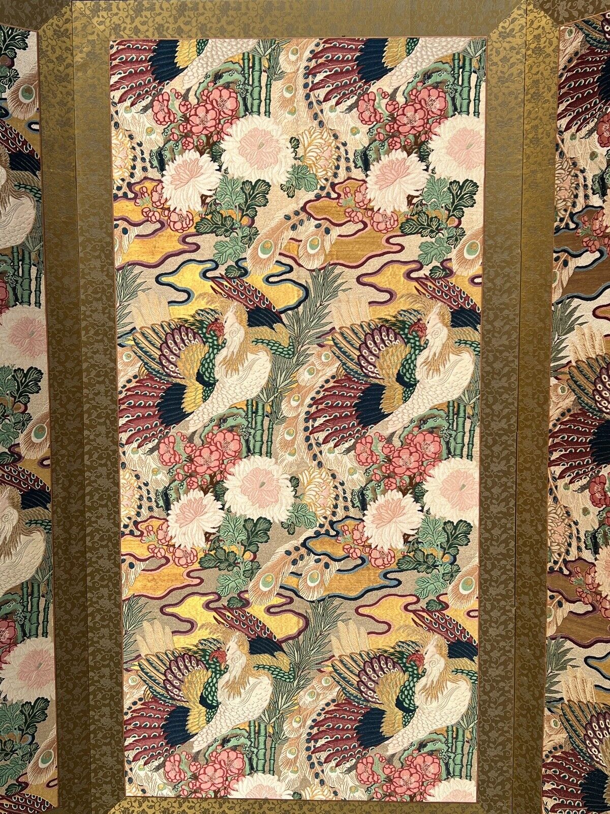 Antique Japanese Silk Obi Framed Into a 3 Panel Screen Wall Hanging Phoenix Motif 58"H