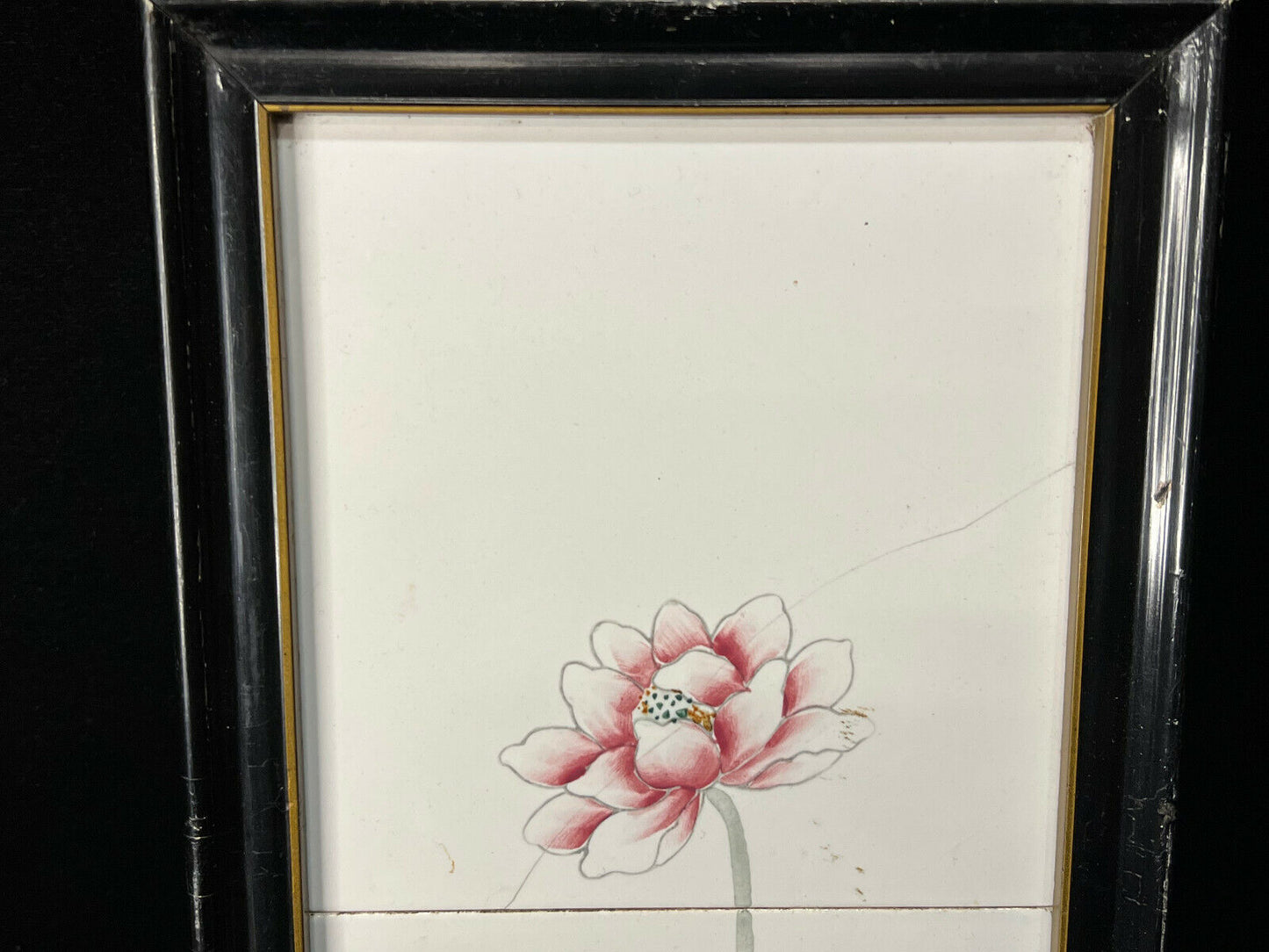 Vintage Japanese Hand Painted Tile Panels Framed Lotus Flowers 25" X 7"