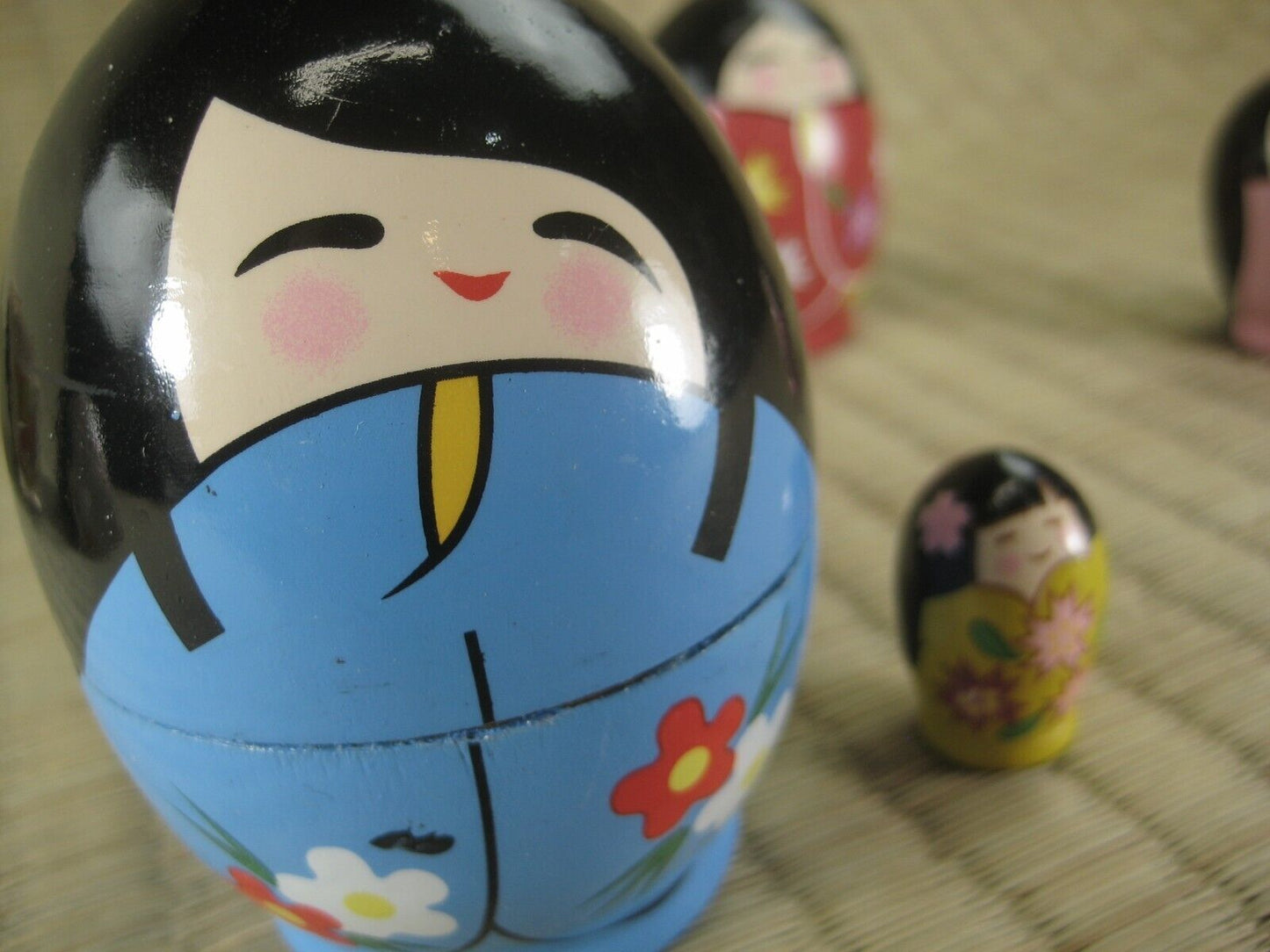 Set Of 5 Japanese Kokeshi Wooden Nesting Dolls In Floral Kimono Matryoshka 10"