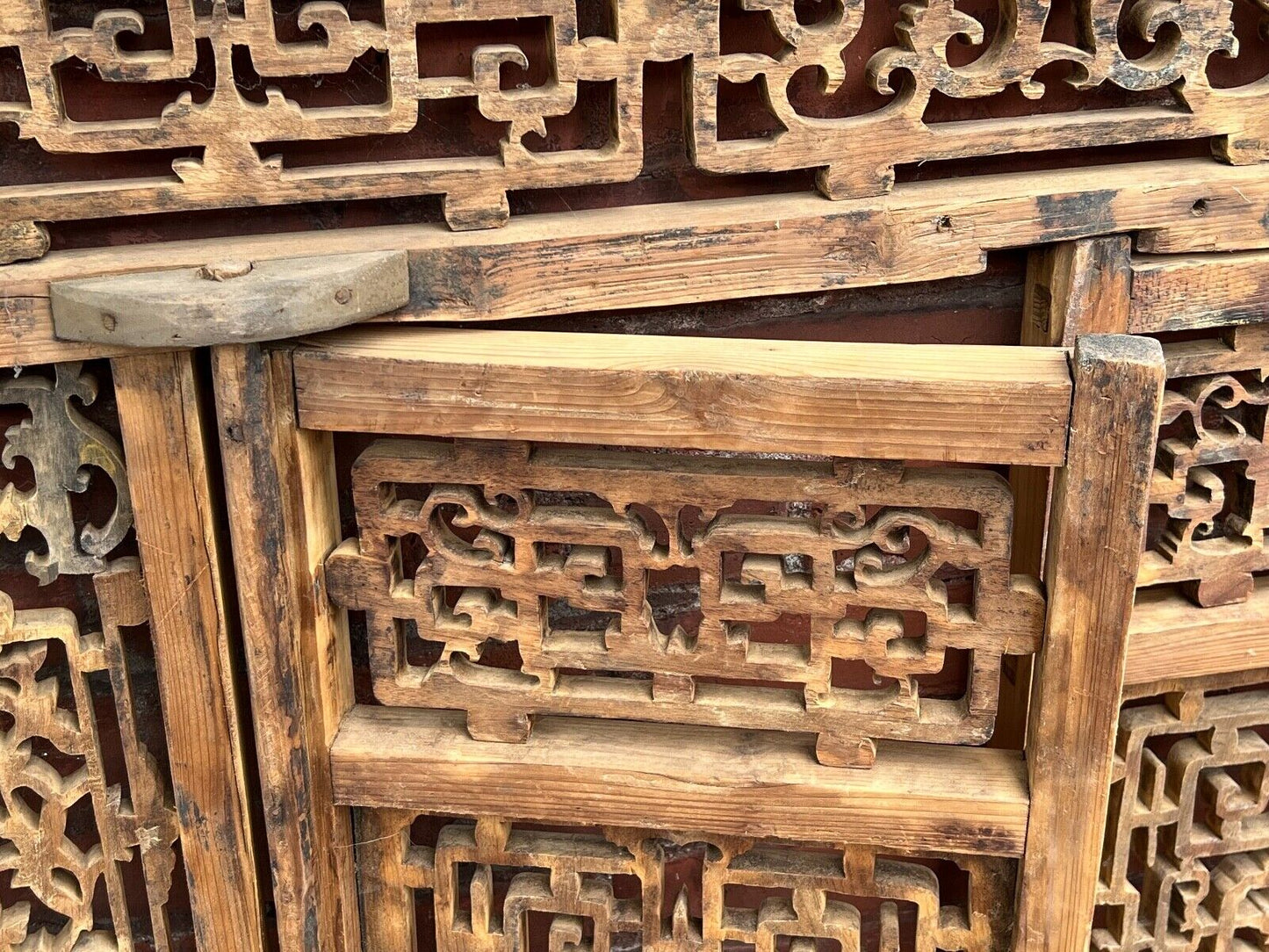 Antique Chinese Qing Dynasty 19th Hand Carved Wood Window Panel 39 x 58