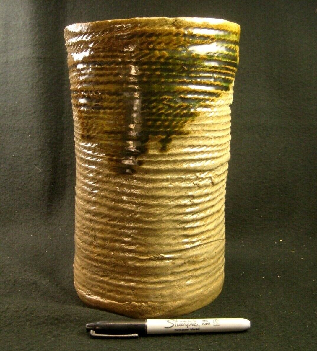 Vintage Japanese Handmade Oribe Ikebana Flower Vase With Rope Impression 10"