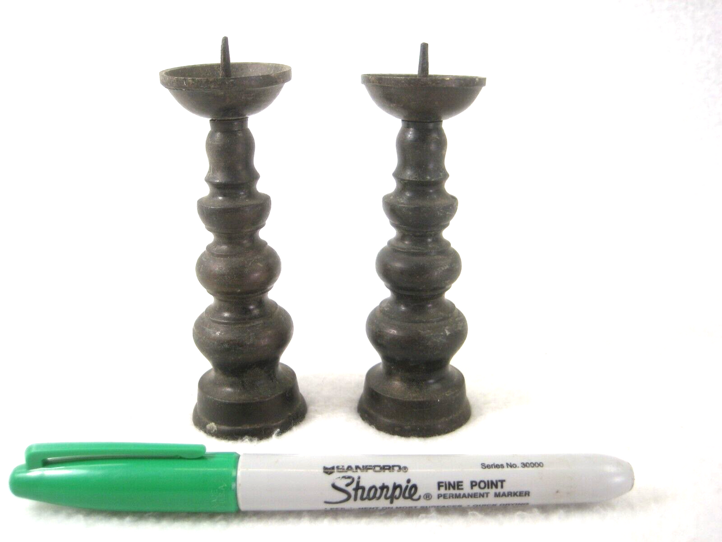 Antique Japanese C1900 Set Of 2 Small Bronze Candel Sticks For Buddhist Alter