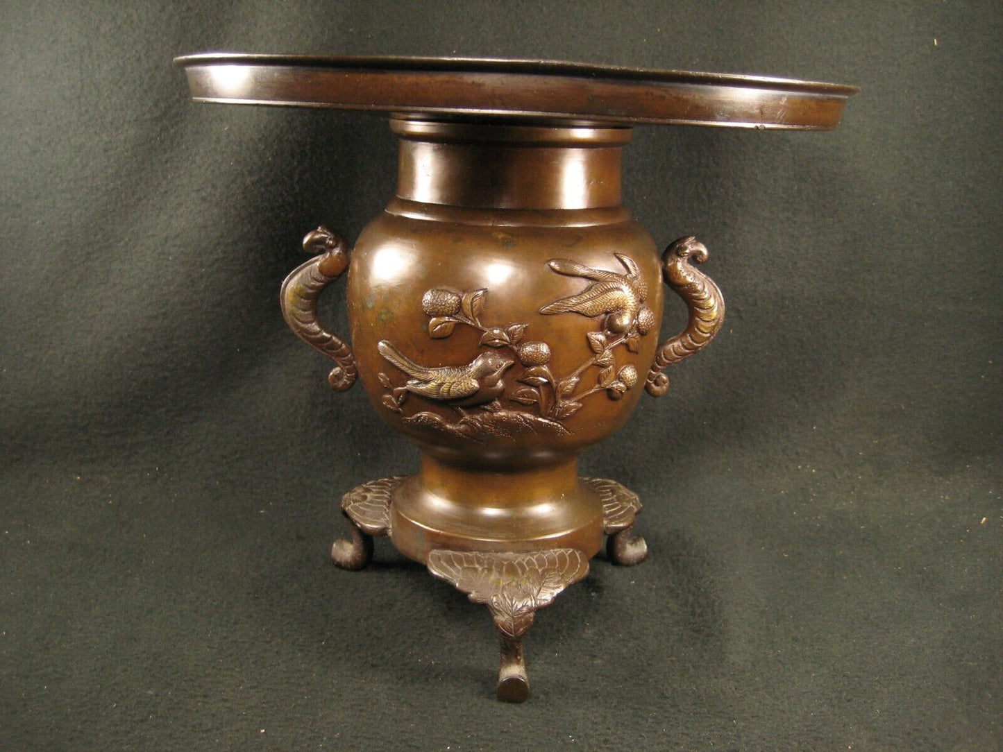 Antique Japanese Signed Usubata Bronze Ikebana Flower Vase Birds & Flowers