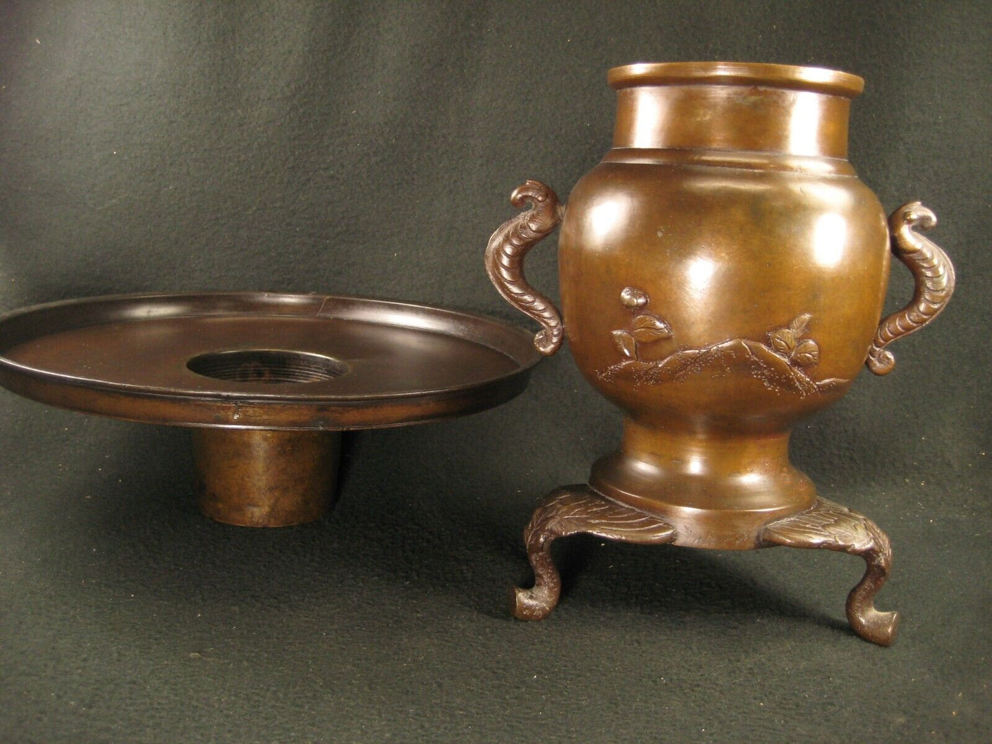 Antique Japanese Signed Usubata Bronze Ikebana Flower Vase Birds & Flowers