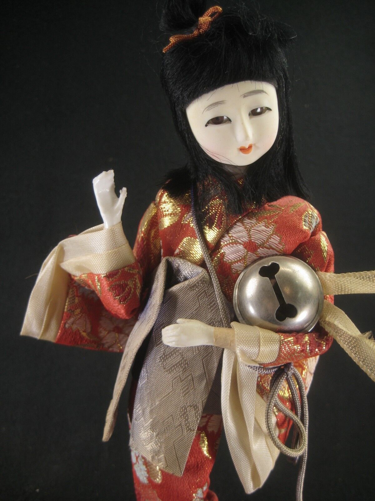 Vintage Japanese Geisha Doll W/ Bell In Red & White Sakura Kimono 11"