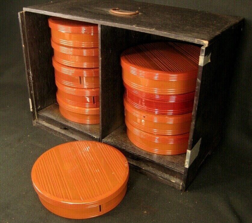 Antique Japanese Taisho Era Round Lacquer Bento Lidded Lunch Box Signed 9"