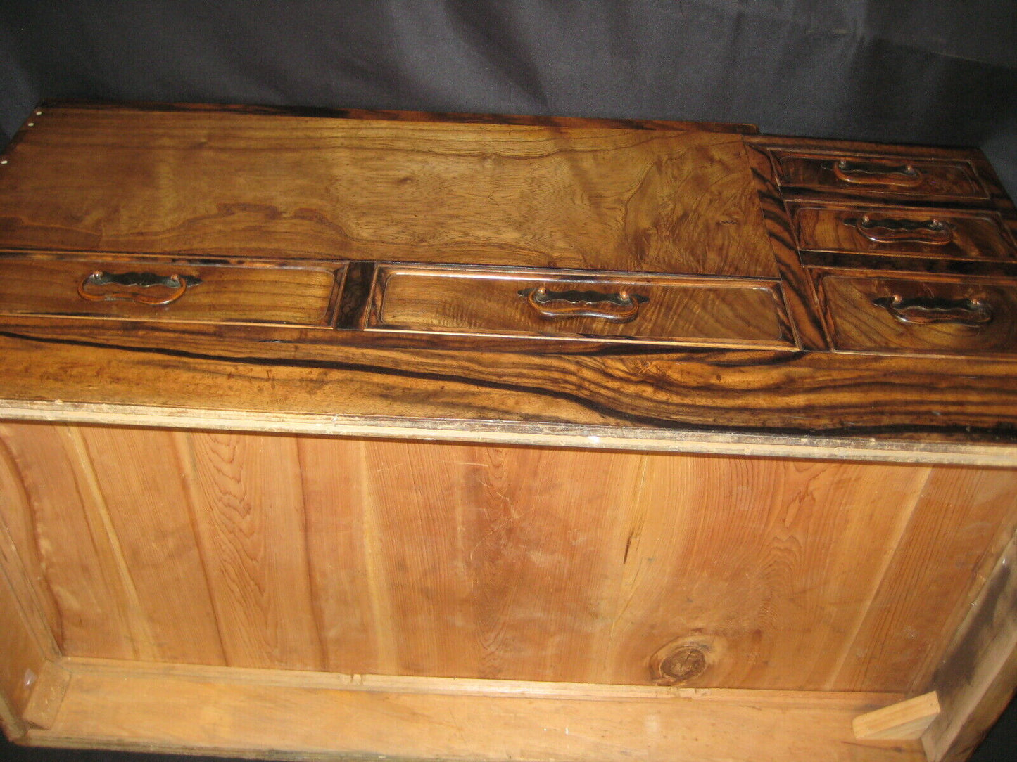 Antique Japanese C.1880 Meiji Era Naga-Hibachi Wooden Brazier 5 Drawer Tansu