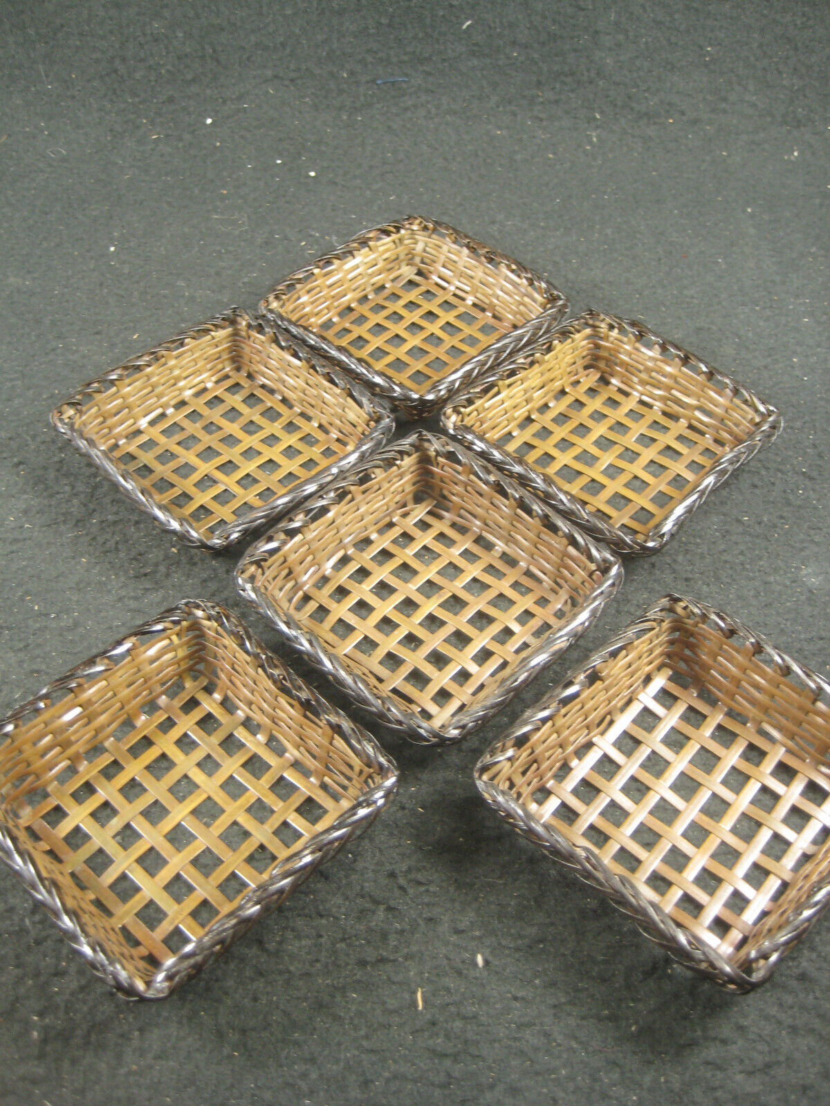 Vintage Set Of 6 Japanese Tiny Woven Bronze Baskets 2.5" X 2.5"