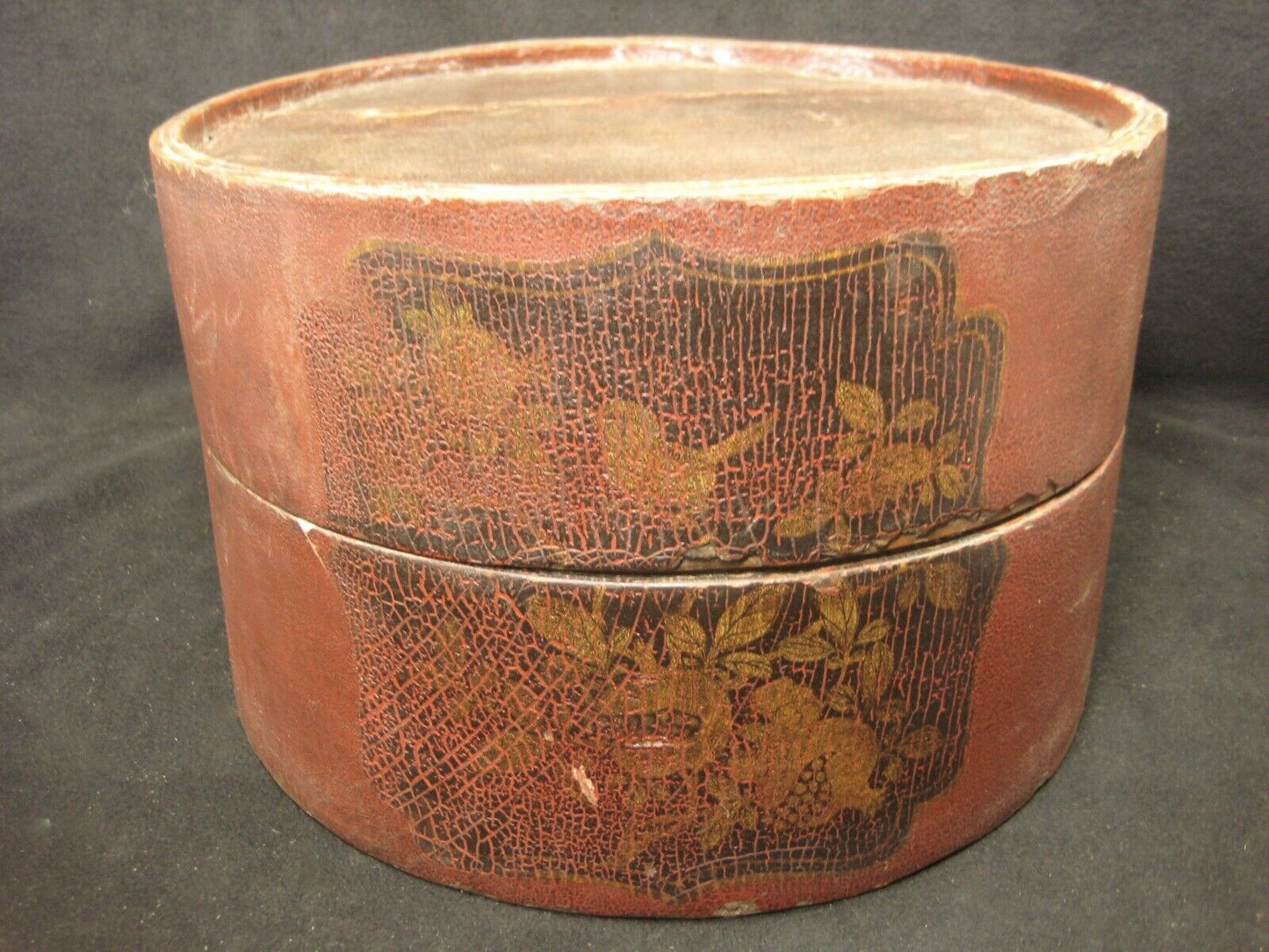 Antique Chinese Qing Dynasty C1890 Red & Black Bent Wood Lidded Container 15"