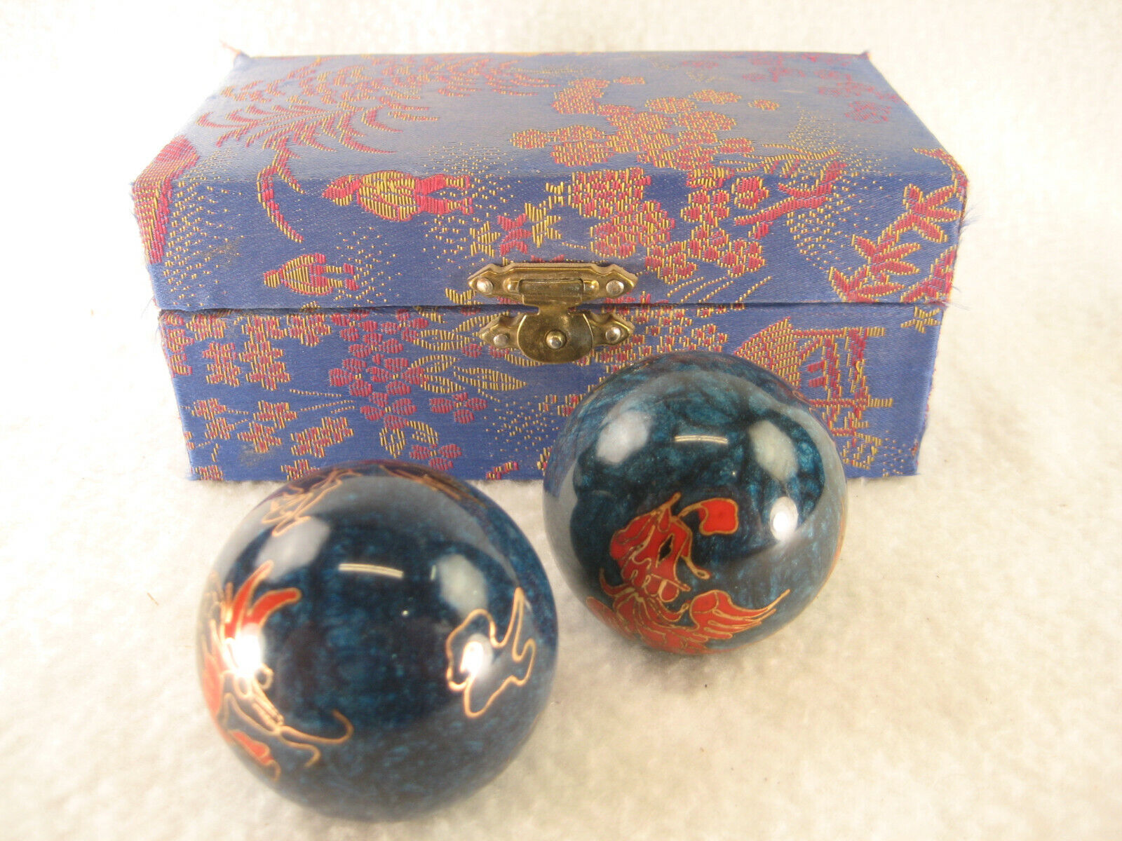 Set Of Chinese Hand Exercise Balls Blue With Dragon And Pheonix In
