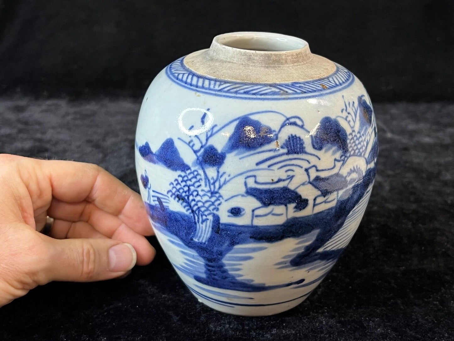 Antique Chinese Qing 19Th Century Cobalt Blue & White Jar Hand Painted 5.5"