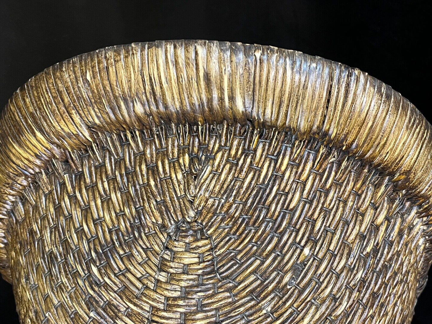 Antique Chinese c1900 Late Qing Hand Made Bamboo Rice Basket With Handle 22"L