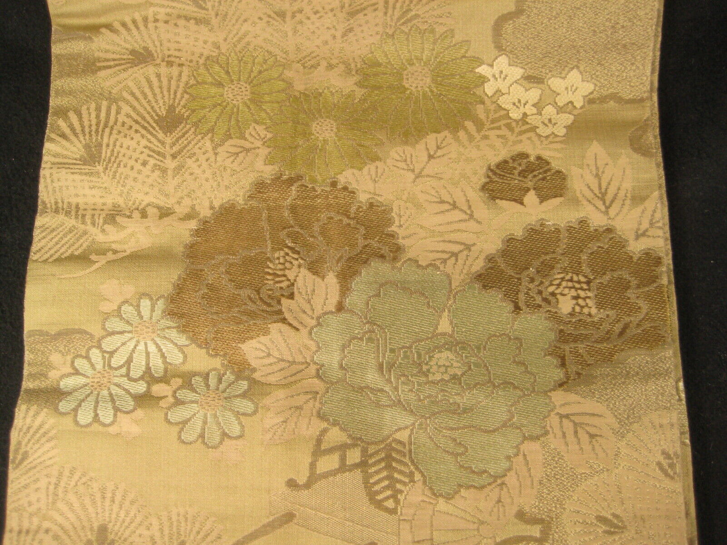Japanese Green Obi Sash For Kimono Cranes Plum Pine Chrysanthemum Flowers