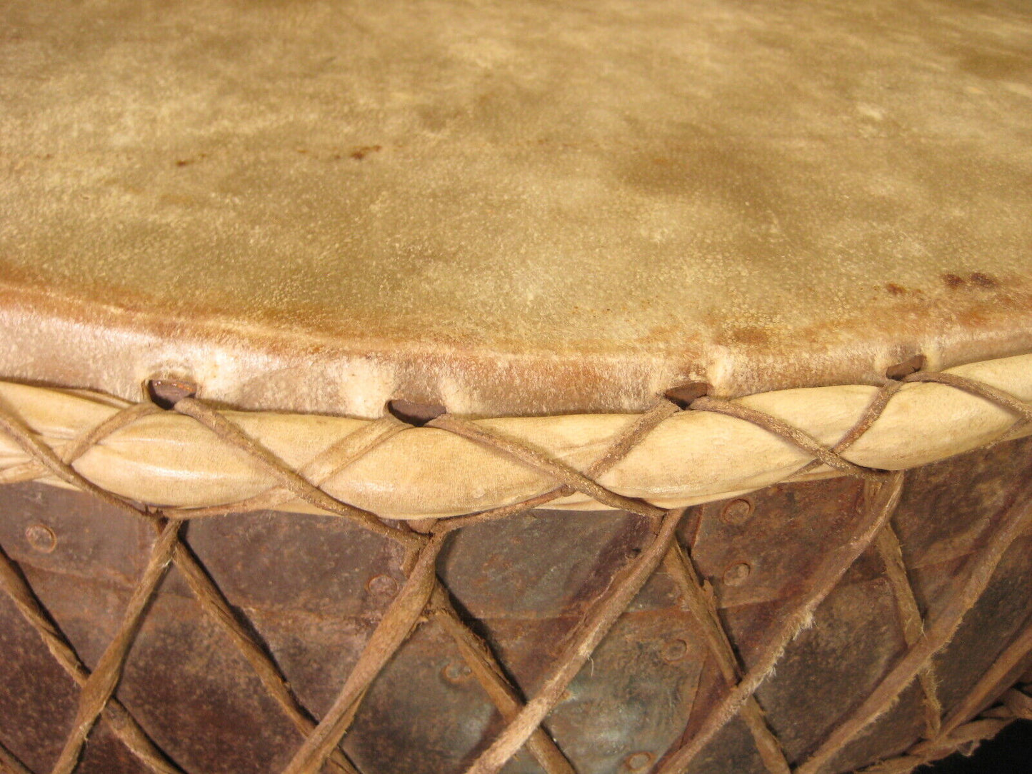 Vintage Hand Made African Kettle Drum Huge Riveted Steel 31" Drum w/ Stand