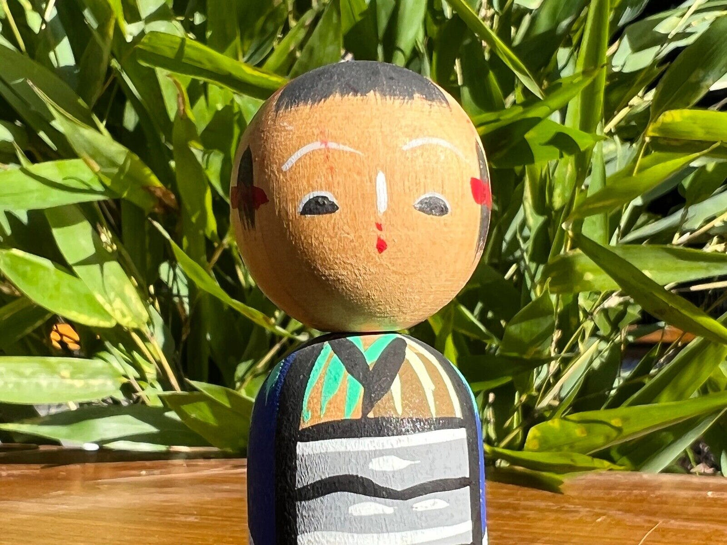 Vintage Japanese Kokeshi Wooden Doll Prince In Bamboo Kimono 2.75"