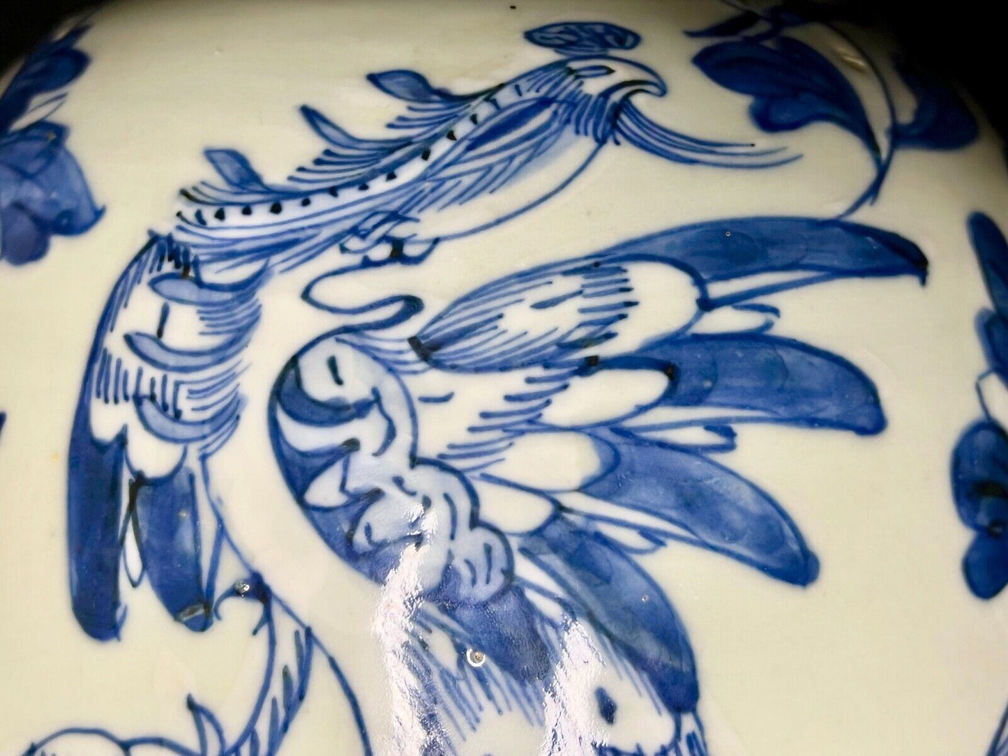 Antique Chinese Qing 19Th Century Blue & White Jar Hand Painted Phoenix 18"