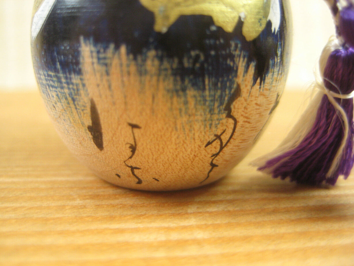 Vintage Japanese Kokeshi Small WoodenDoll W/ Hat And Calligraphy On Blue 2"