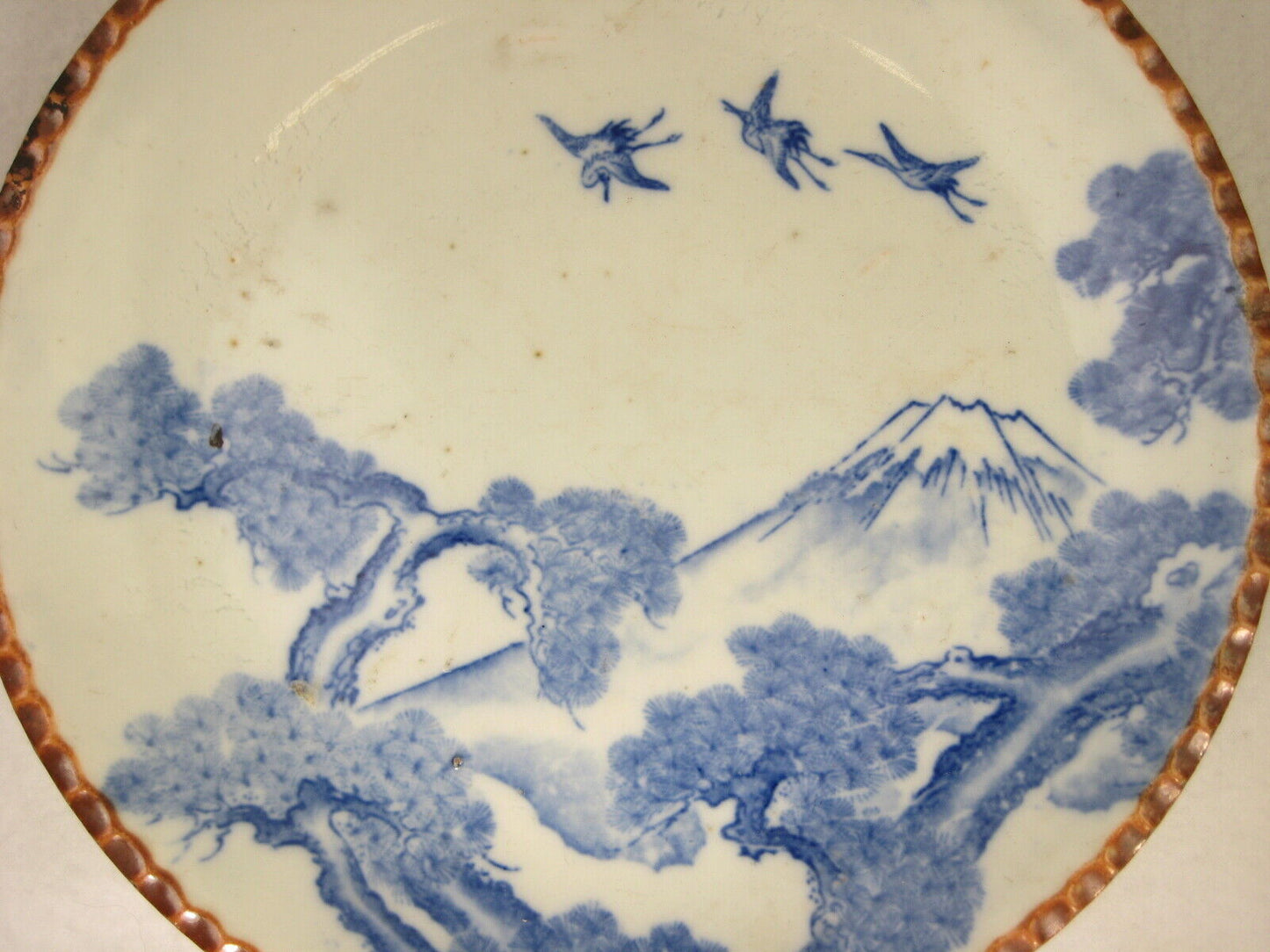 Antique c1900 Meiji Era Japanese Ceramic Imari Plate Cranes Pine & Mt Fuji