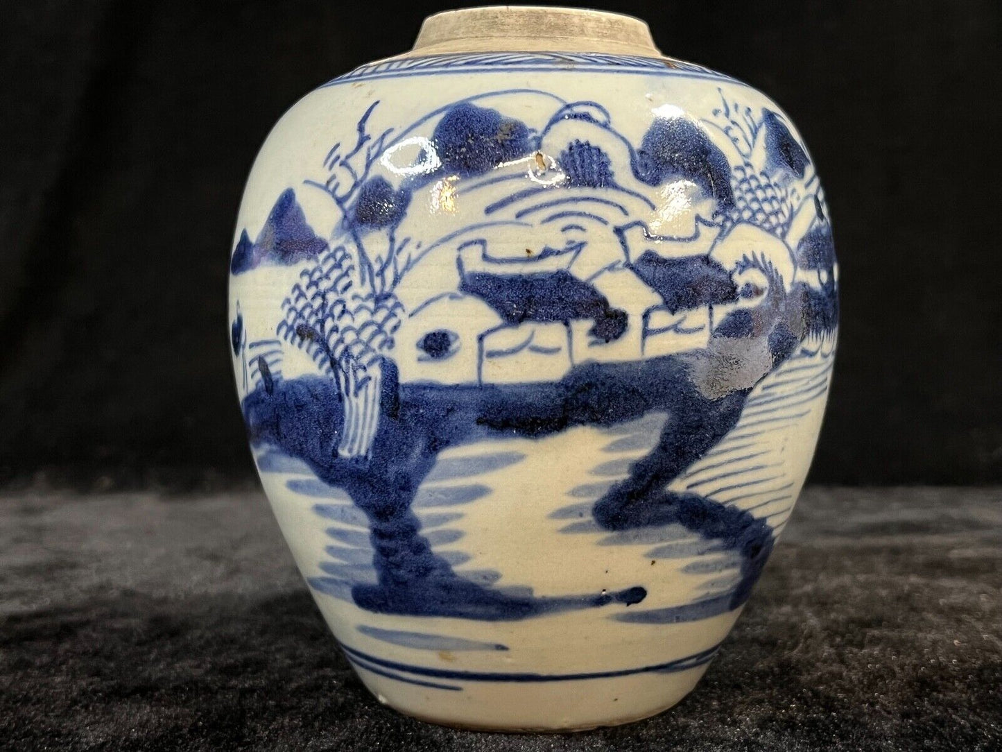 Antique Chinese Qing 19Th Century Cobalt Blue & White Jar Hand Painted 5.5"