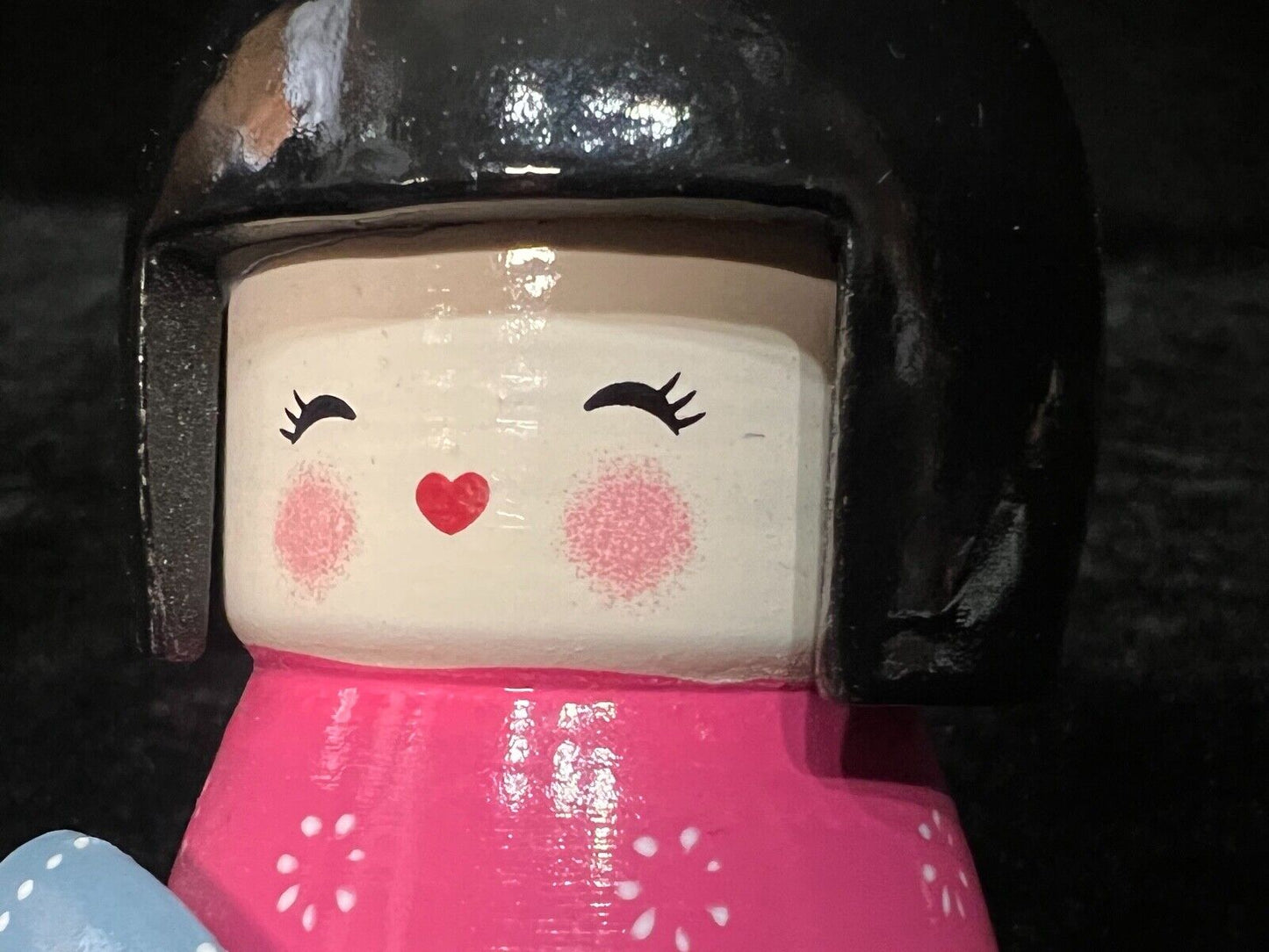 Vintage Japanese Kokeshi Wooden Doll Pink Kimono W/ Fan 5"