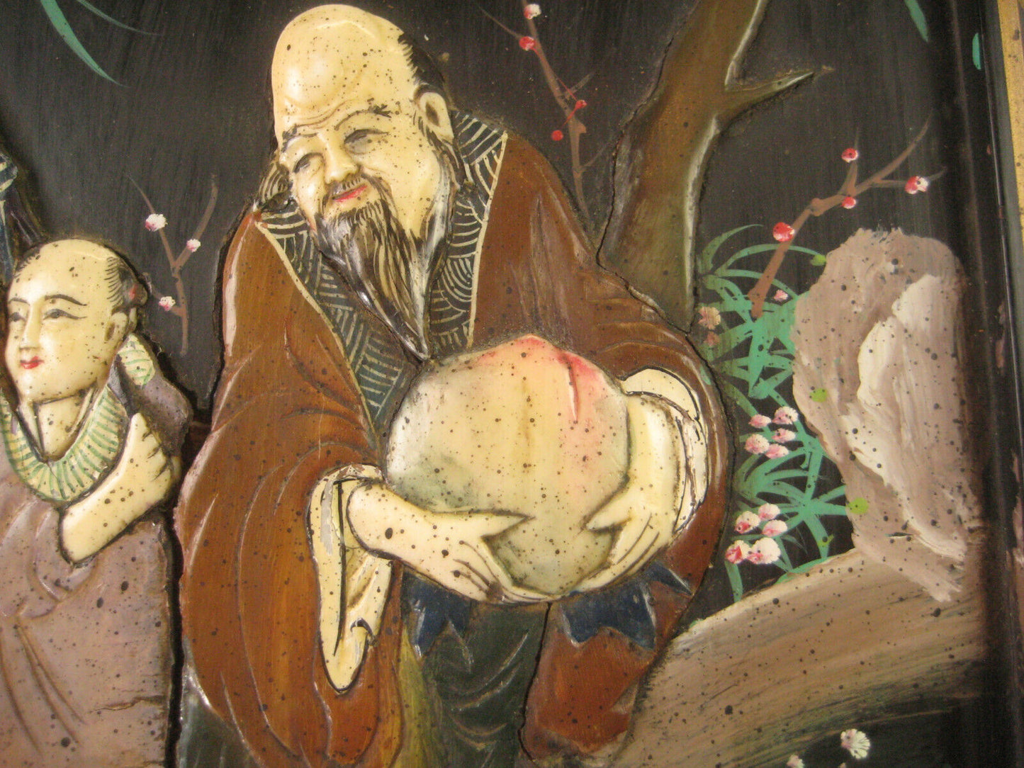 Vintage Chinese Oil Painting On Black With "Embossed" Resin Figurs On Wood