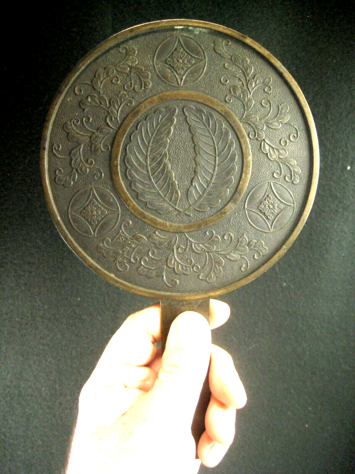 Antique Japanese Bronze Hand Mirror W/ Enshu Mon & Crossed Feather Mon 5.75"