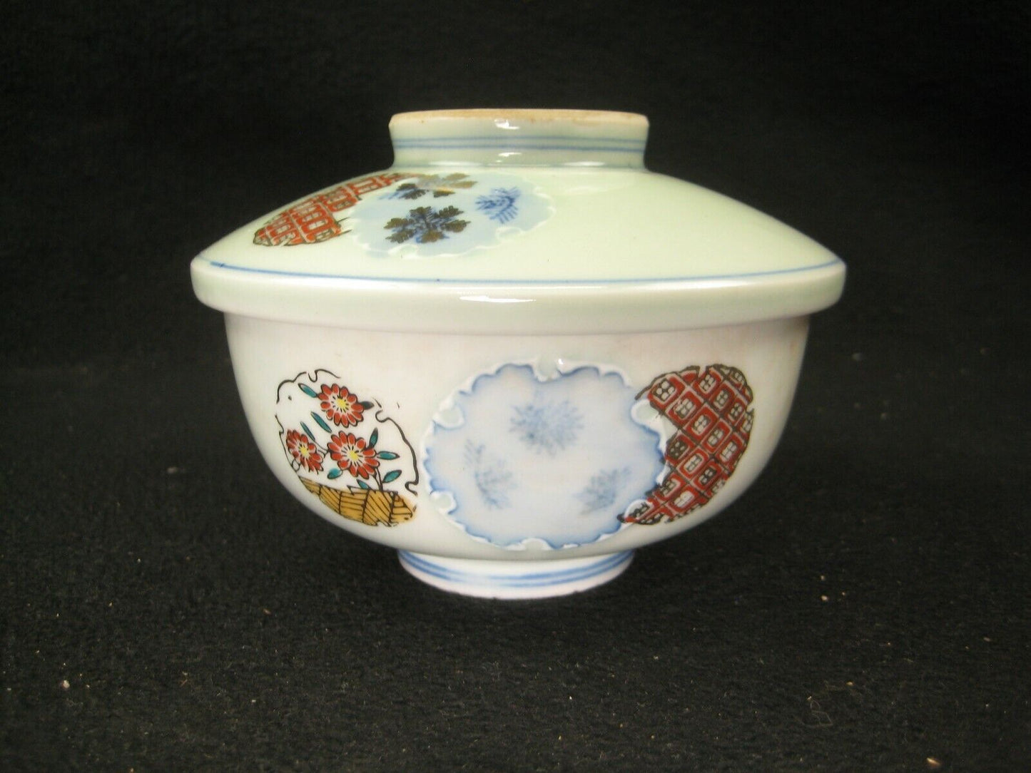 Antique Japanese Meiji Era Kutani Imari Ceramic Chawan Lidded Bowl