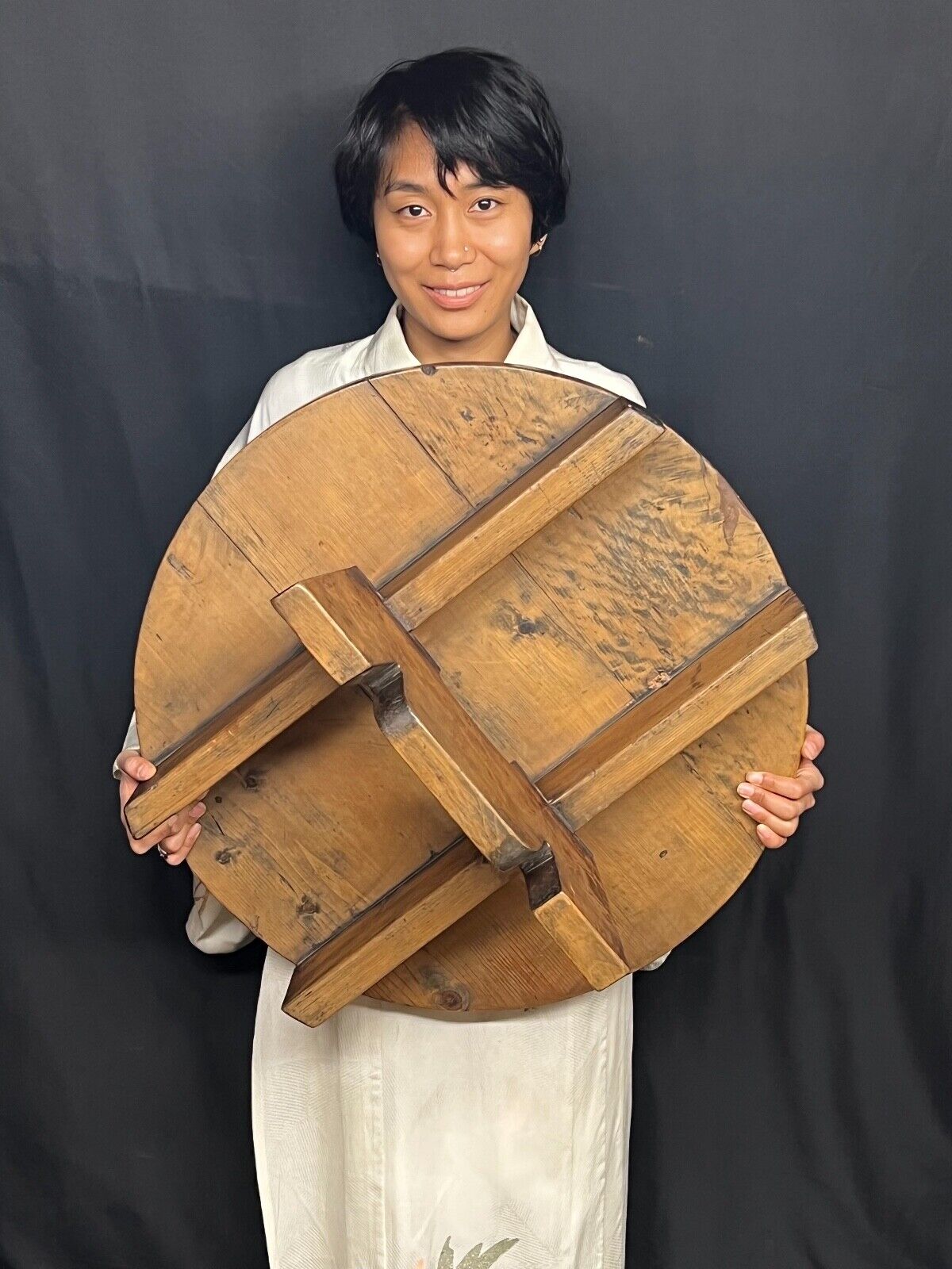Antique Japanese Edo Era Early 1800'S Sugi Wood Dark Patina Cauldron/Pot Lid 23"