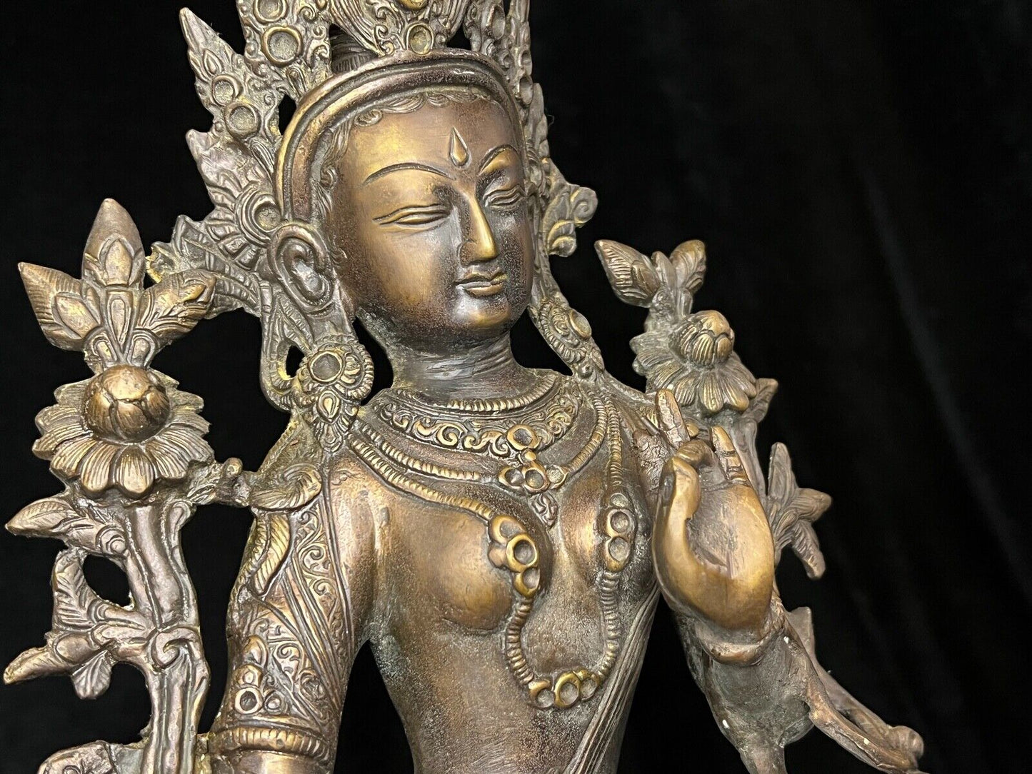 Vintage Tibetan Bronze Green Tara Statue Buddhist Goddess Of Compassion 14.5"H