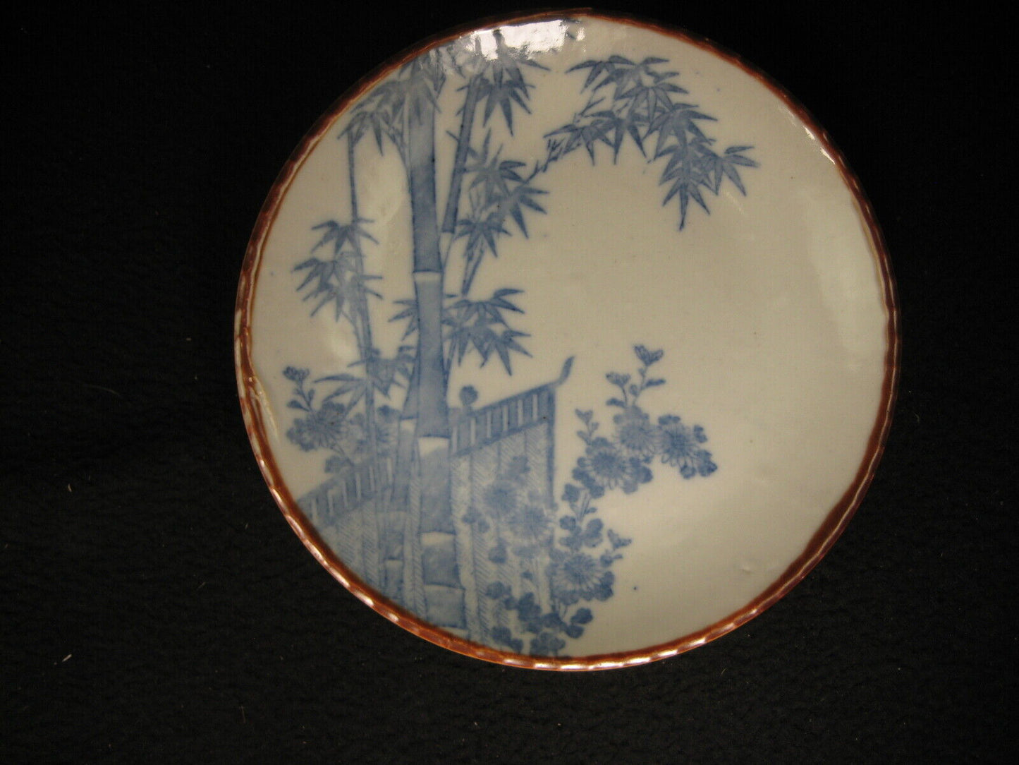 Antique Japanese Meiji Era (C1910) 7" Ceramic Blue/ White Imari Dish Bamboo