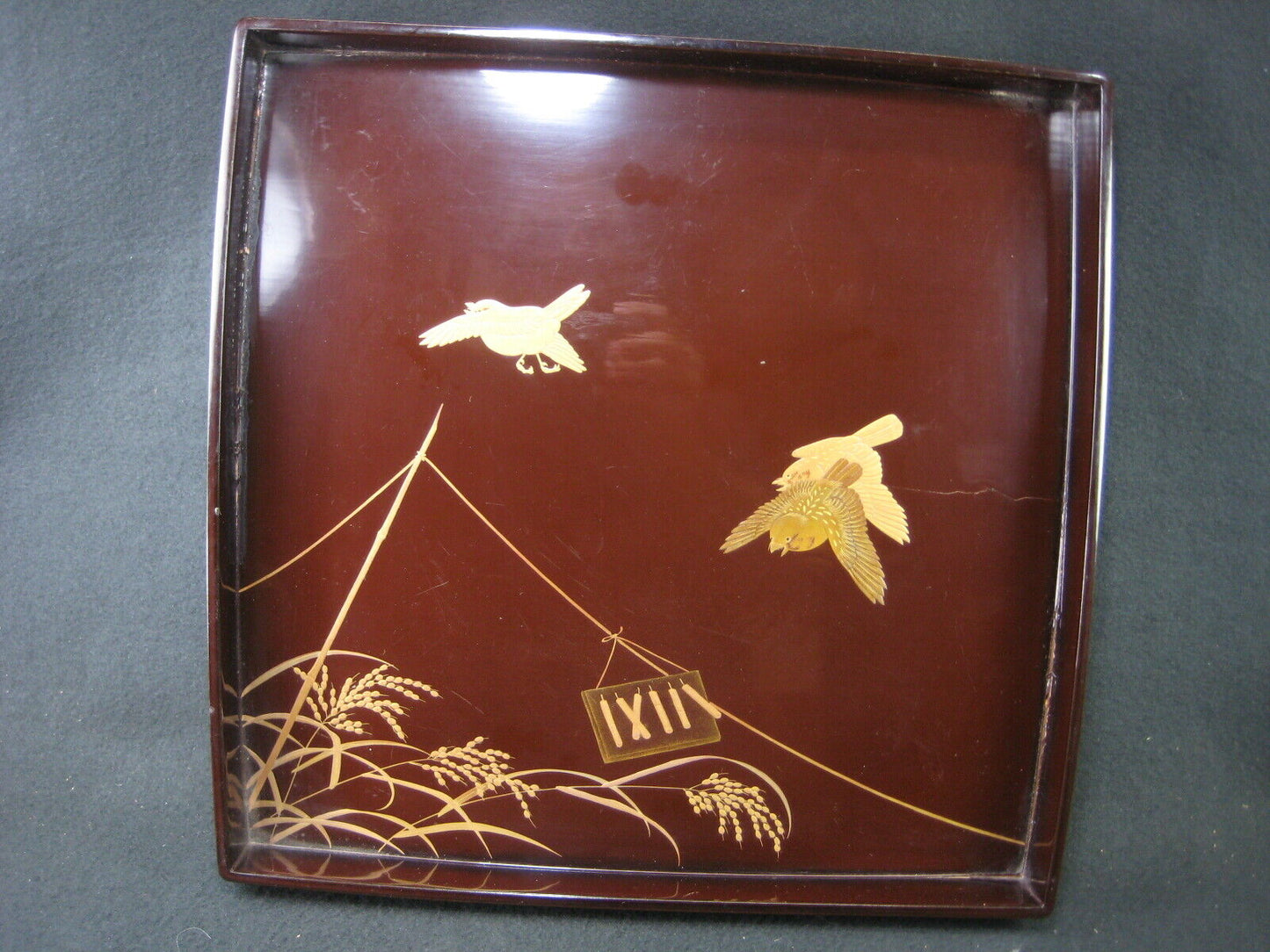 Antique Japanese (C.1850) Wood & Lacquer Obon Ozen Tray Makie Sparrows