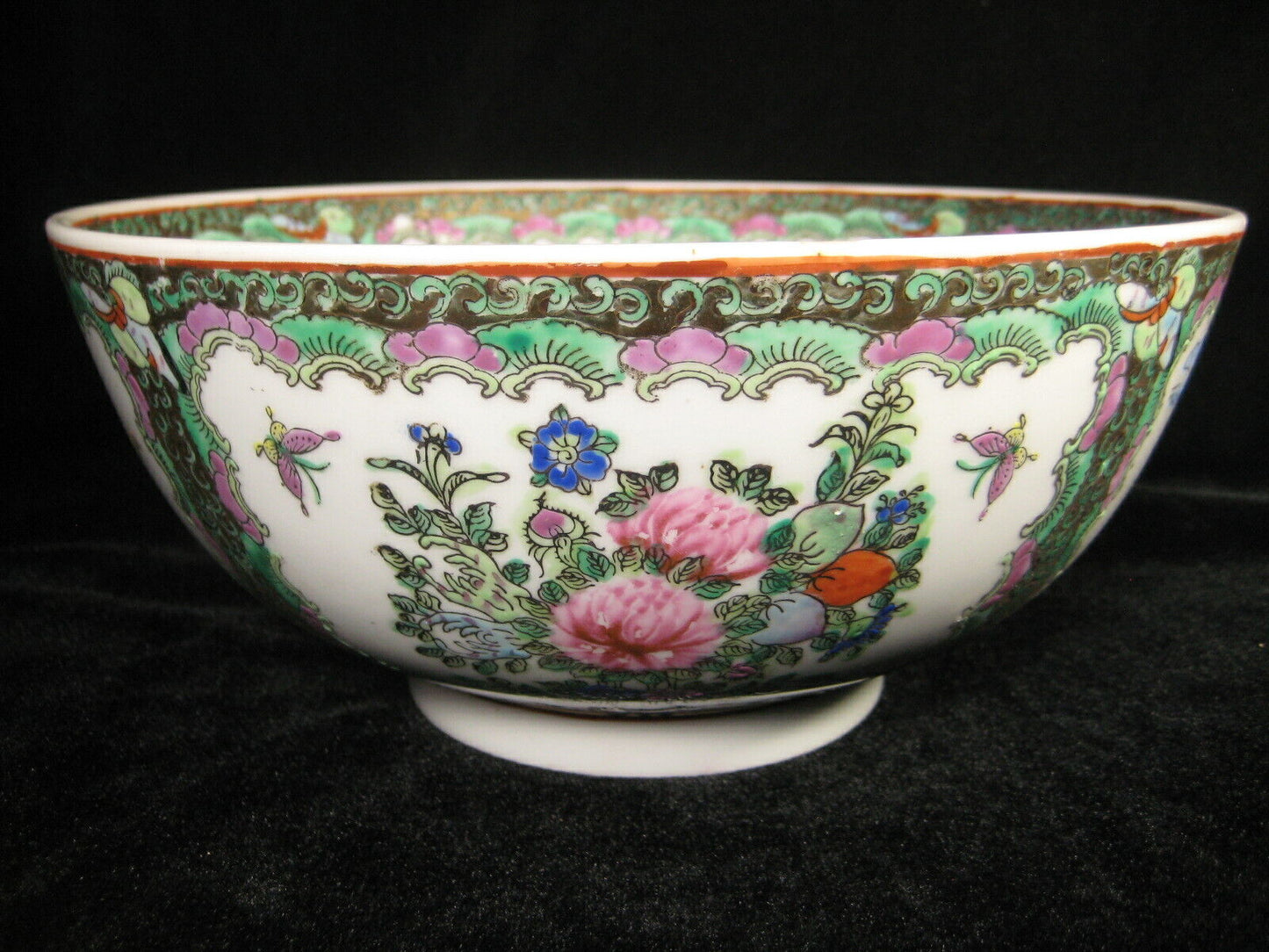 Vintage Chinese C1950'S Stencil Tansfer Hand Colored Ceramic Decorative Bowl 10"
