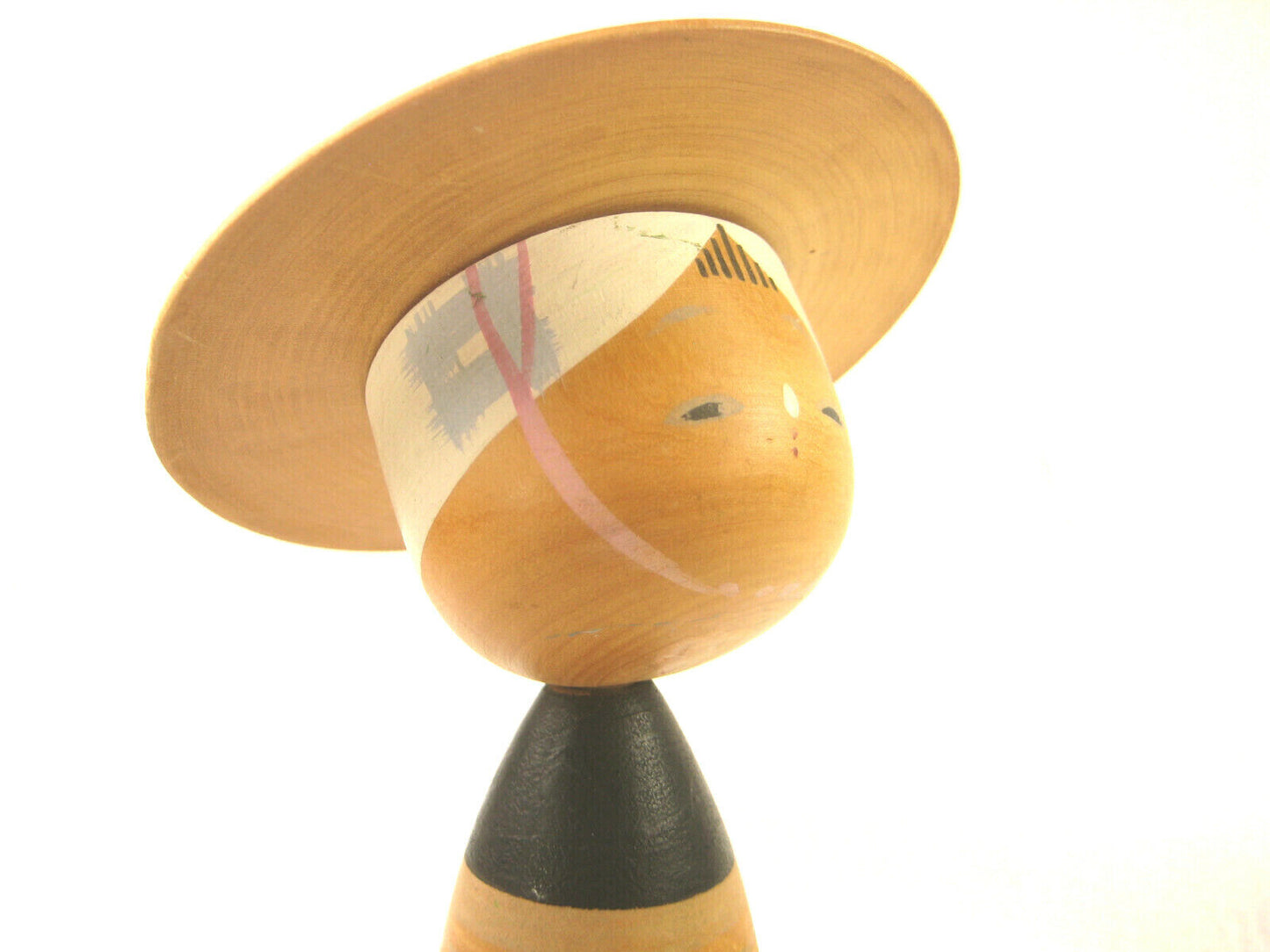 Vintage Japanese Kokeshi Wooden Bobblhead Doll W/ Hat Hand Painted Trees 3"