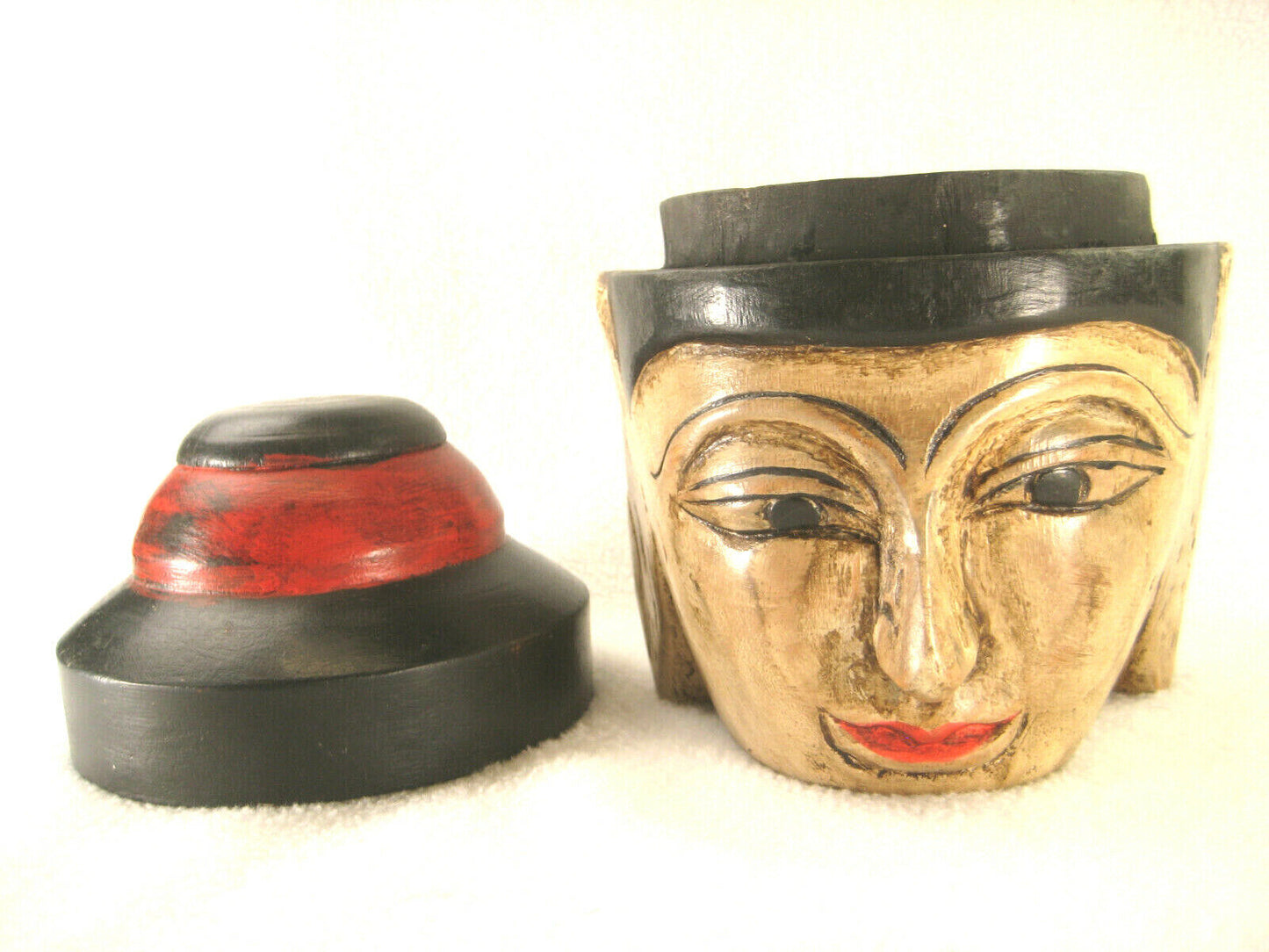 Hand Carved Thai Buddhist Head Box Round Hand Painted Lided