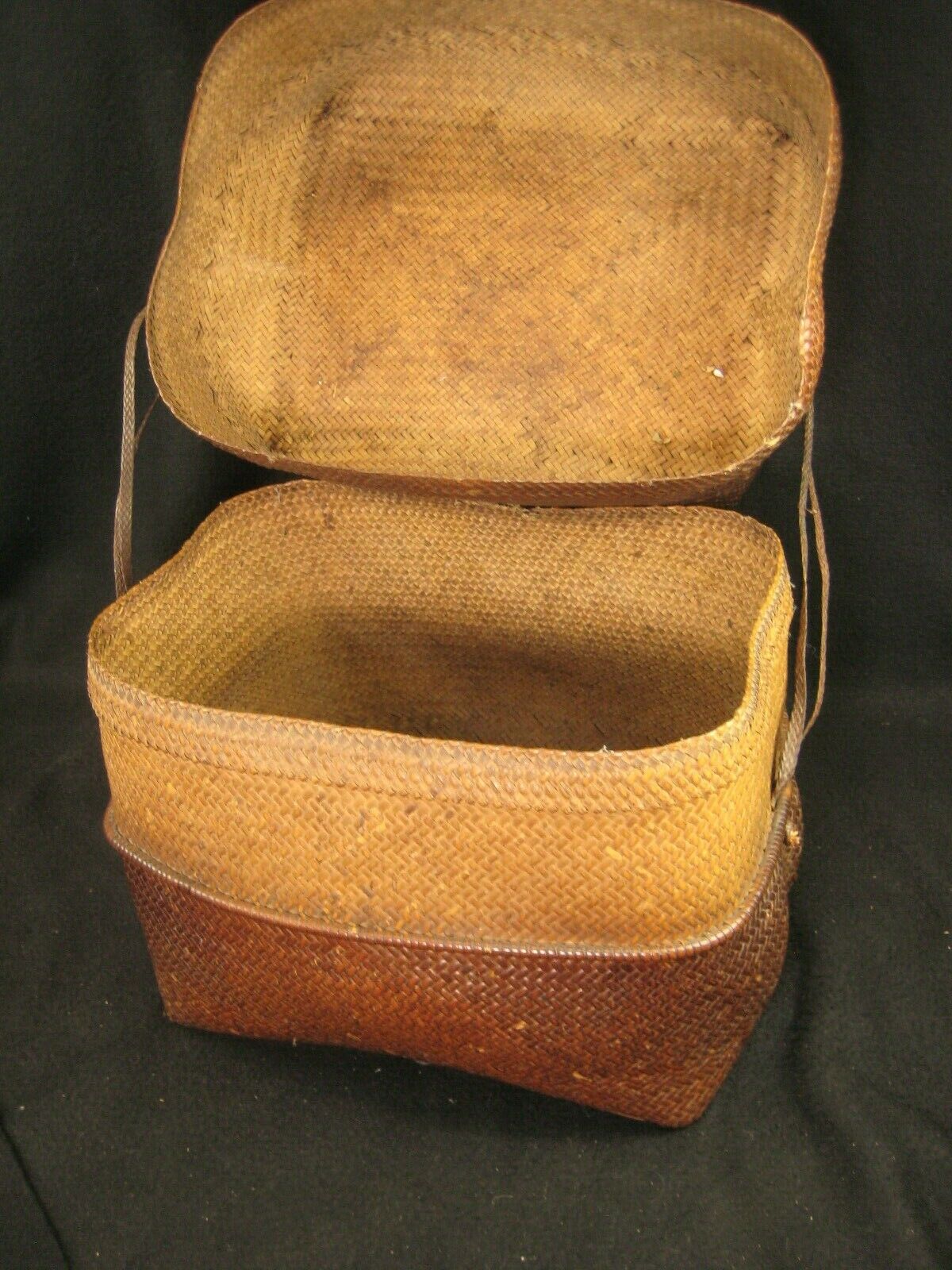 Antique Japanese Chinese Showa Era (C. 1930) Bamboo Lidded Bag Kago Basket