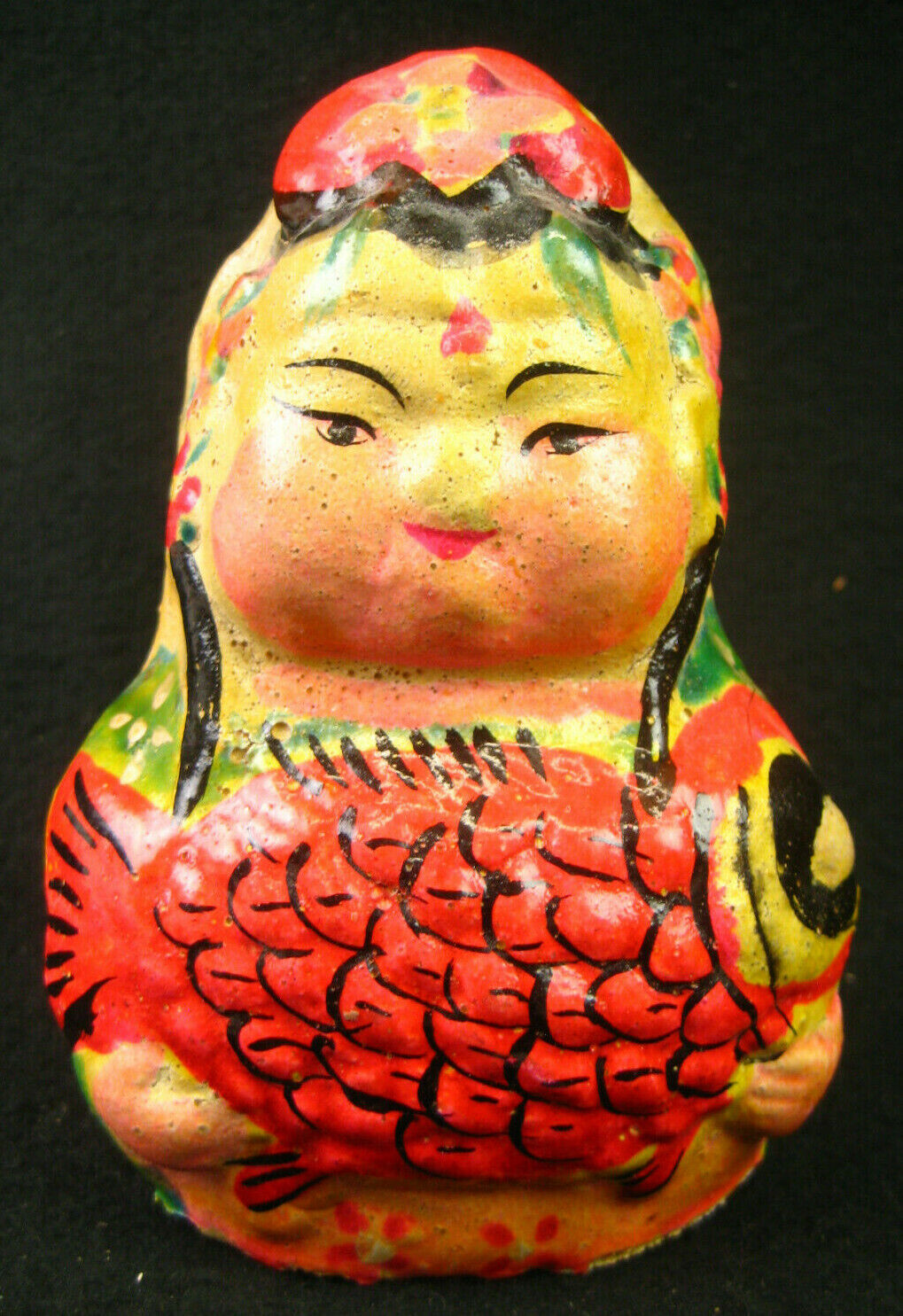 Vintage (C1950) Chinese Porcelain Lady With Red Fish Folk Art Doll Flowers