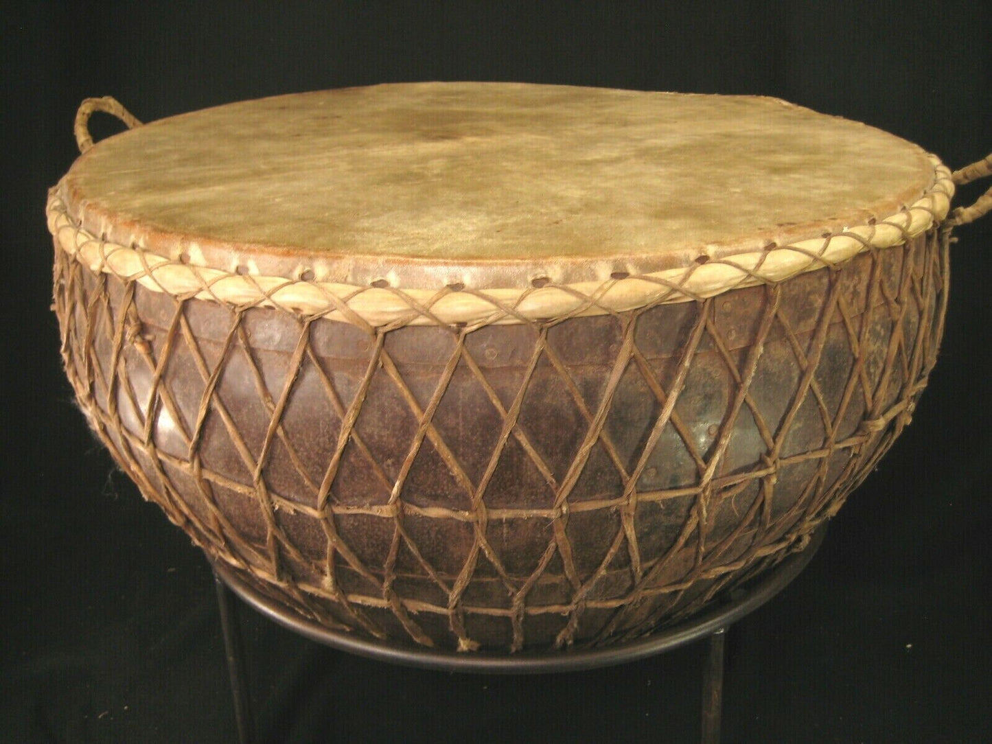 Vintage Hand Made African Kettle Drum Huge Riveted Steel 31" Drum w/ Stand