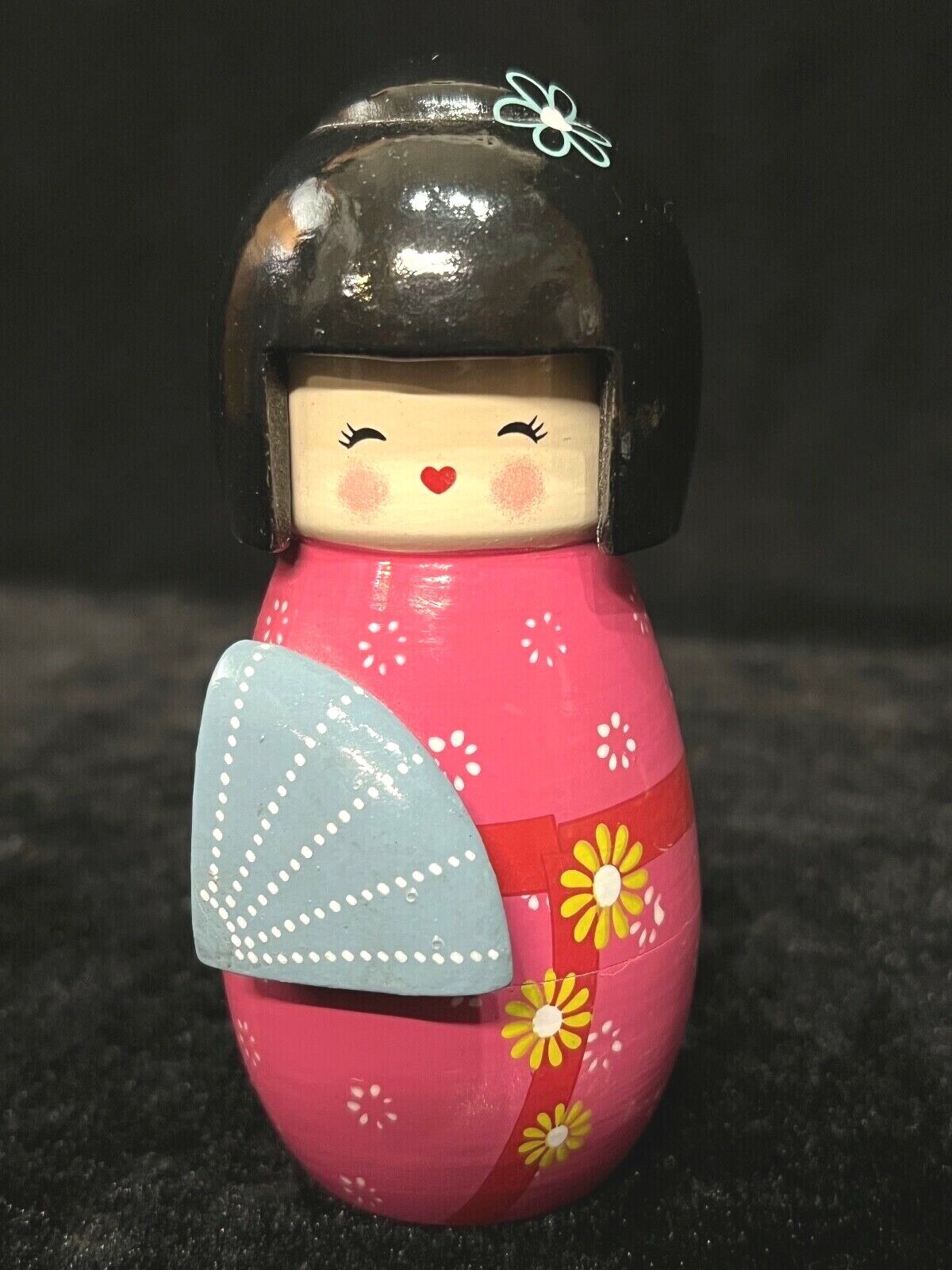 Vintage Japanese Kokeshi Wooden Doll Pink Kimono W/ Fan 5"